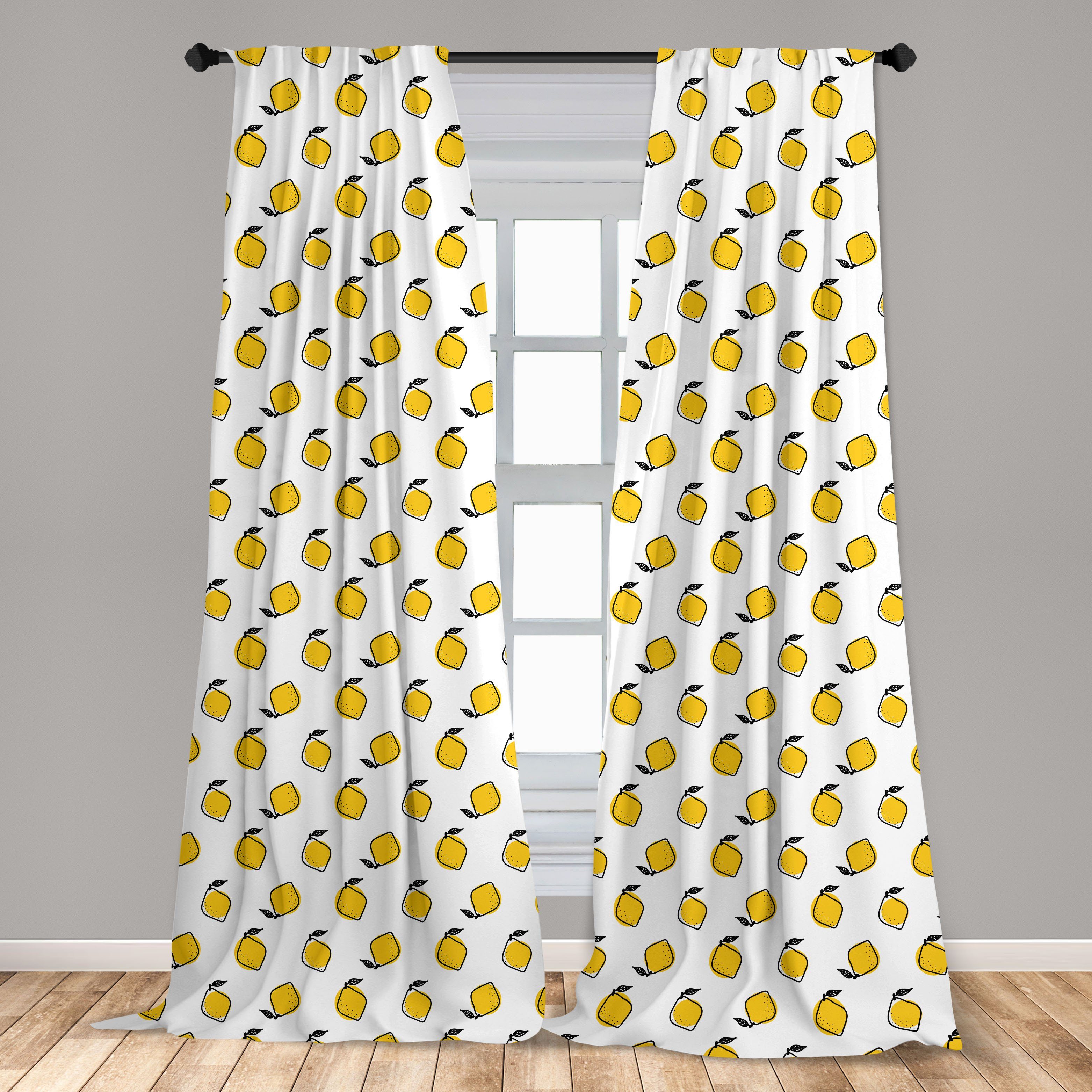 Gardine Vorhang für Wohnzimmer Schlafzimmer Microfaser, Abakuhaus, Zitronen Dekor, Gelb und Weiß Doodle