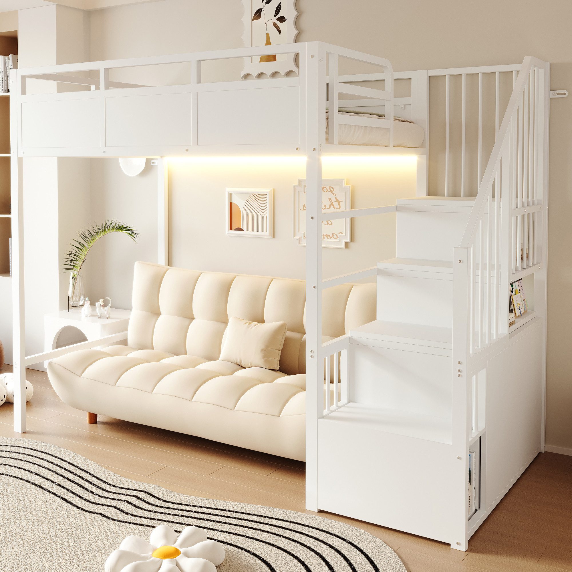 Celya Hochbett Metallgestell Mit Holzplatten und Erhöhtem Sicherheitsgitter (ohne Matratze, Beidseitig Montierbare Stauraumleiter) Mit LED-Beleuchtung, Kinderbett, Jugendbett, Erwachsenenbett