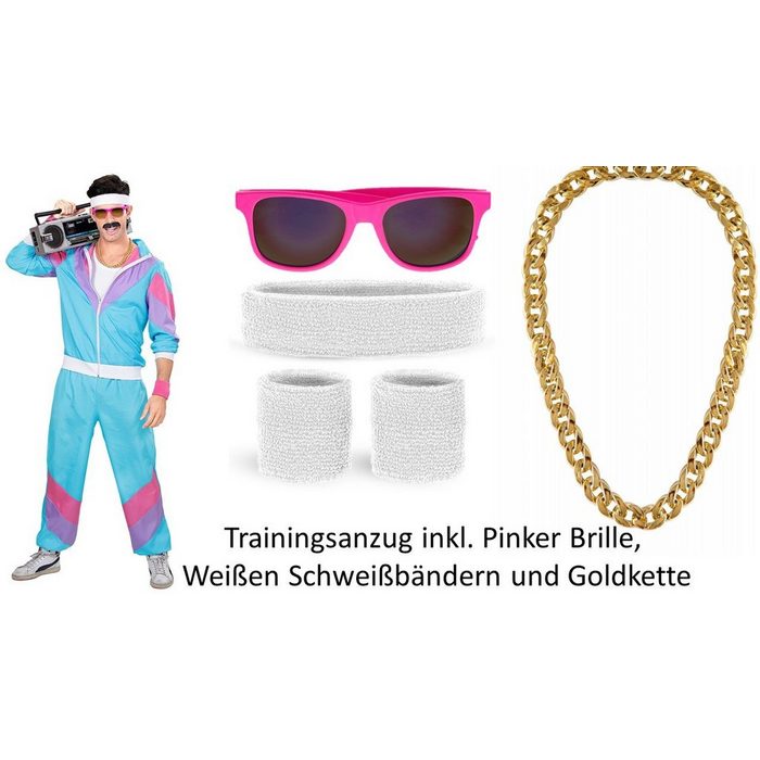 Scherzwelt Partyanzug Herren 80 er Jahre Trainingsanzug mit Brille weißem Schweißband und Prolliger Goldkette