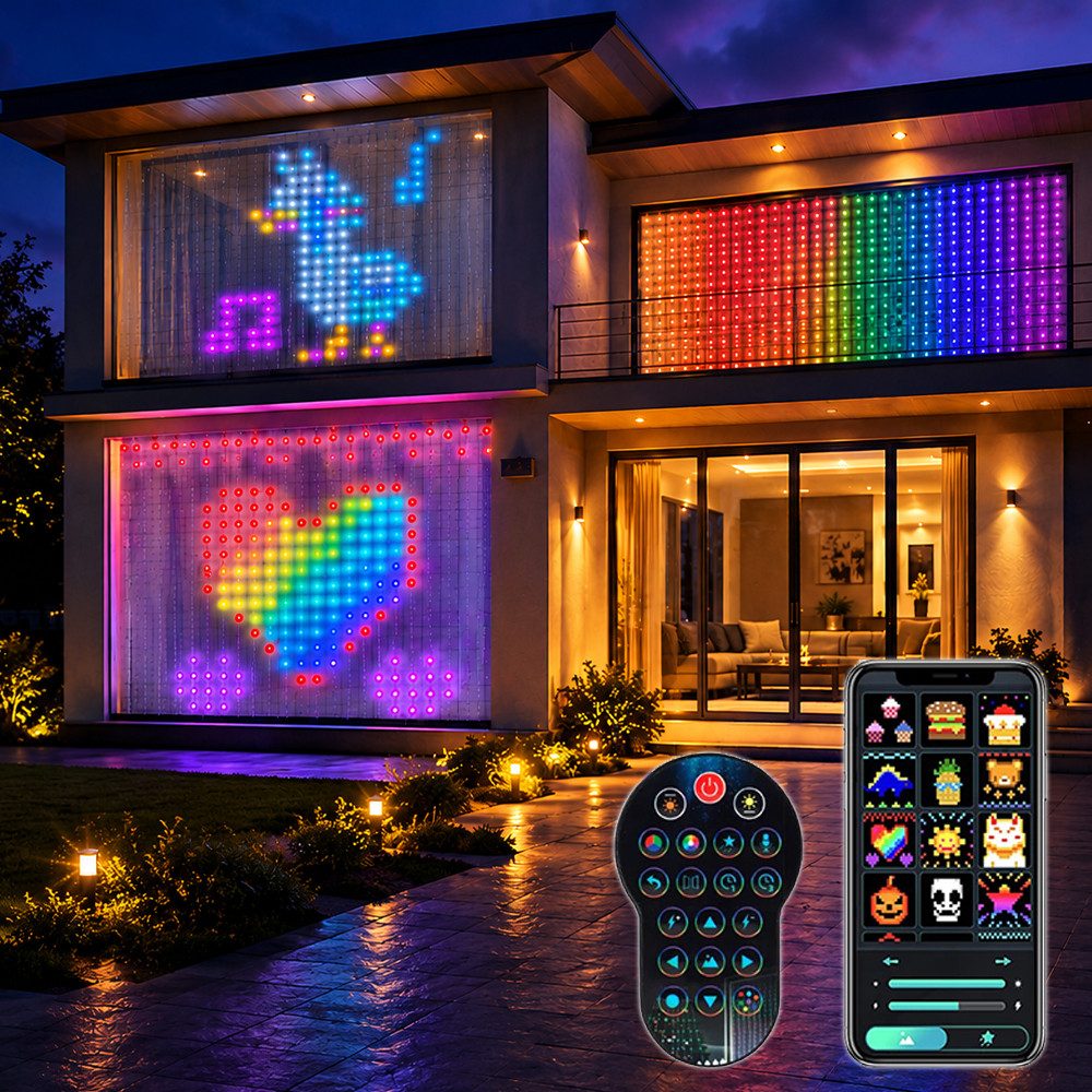PRIISF LED-Lichtervorhang LED-Lichterkette RGBIC Smart Lichternetz Weihnachten Innen Dekoration, Programmierbar Smart Vorhangschnur Lichterkette App hängende Fee Licht