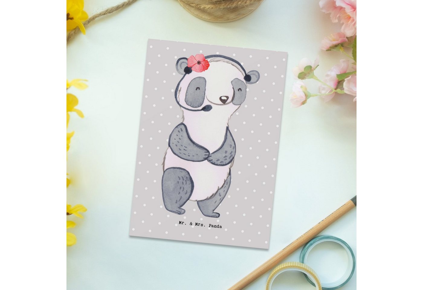Thumbnail - Mr. & Mrs. Panda Postkarte Kundendienstmitarbeiterin Herz - Grau Pastell - Geschenk, Jubiläum, K, Liebevolles Design