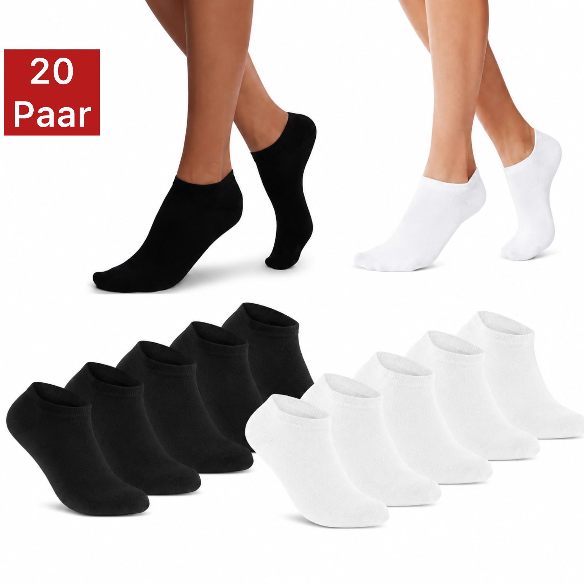 NERS Kurzsocken 10 und 20 Paar Damen & Herren aus Baumwolle, Komfortbund, atmungsaktiv (Packung, 20-Paar, 10) Sneakersocken mit verstärkter Ferse, ohne Gummidruck