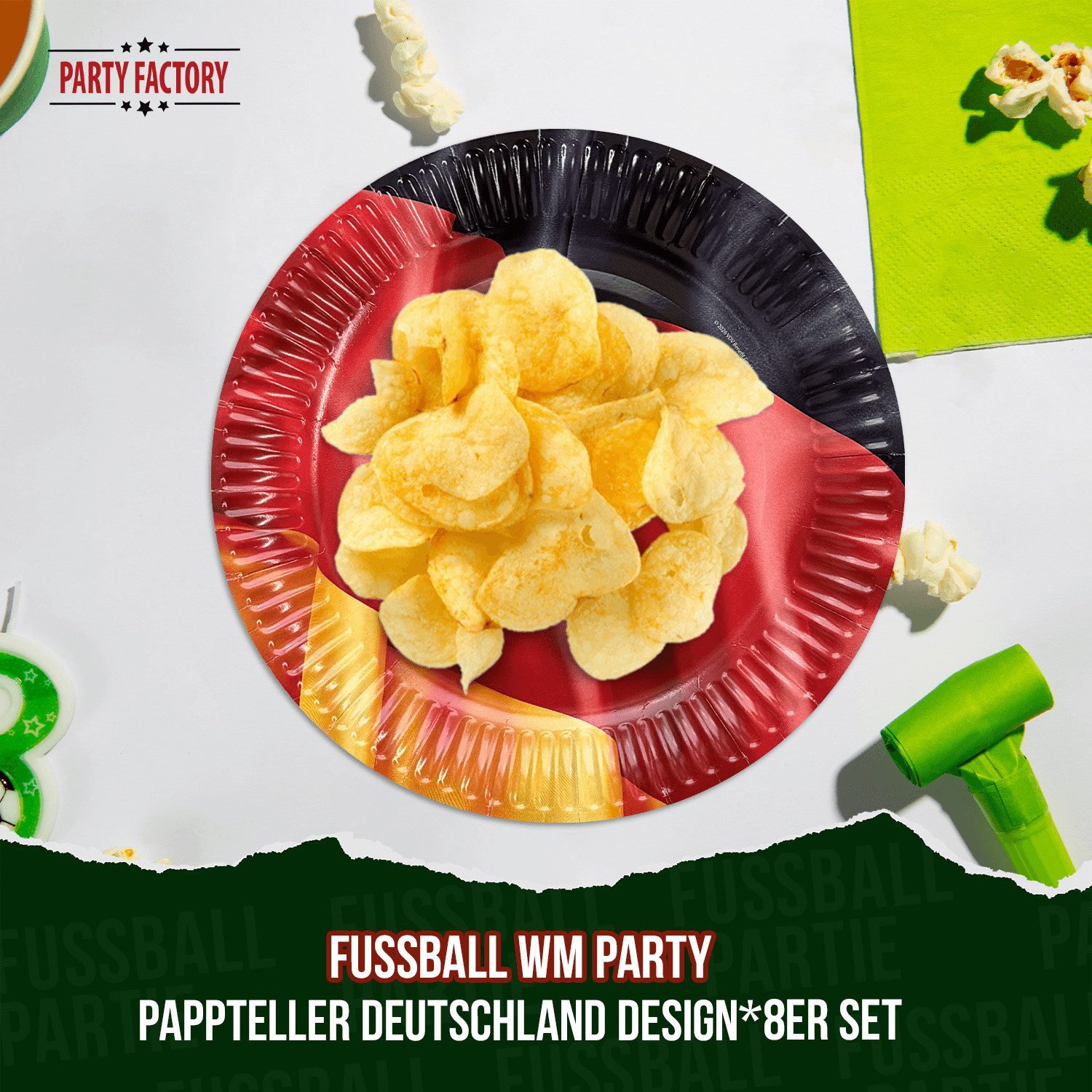 Party Factory Dekoteller Fußball WM Set2 Deutschland 37-tlg Teller Becher Serviette Wimpelkette