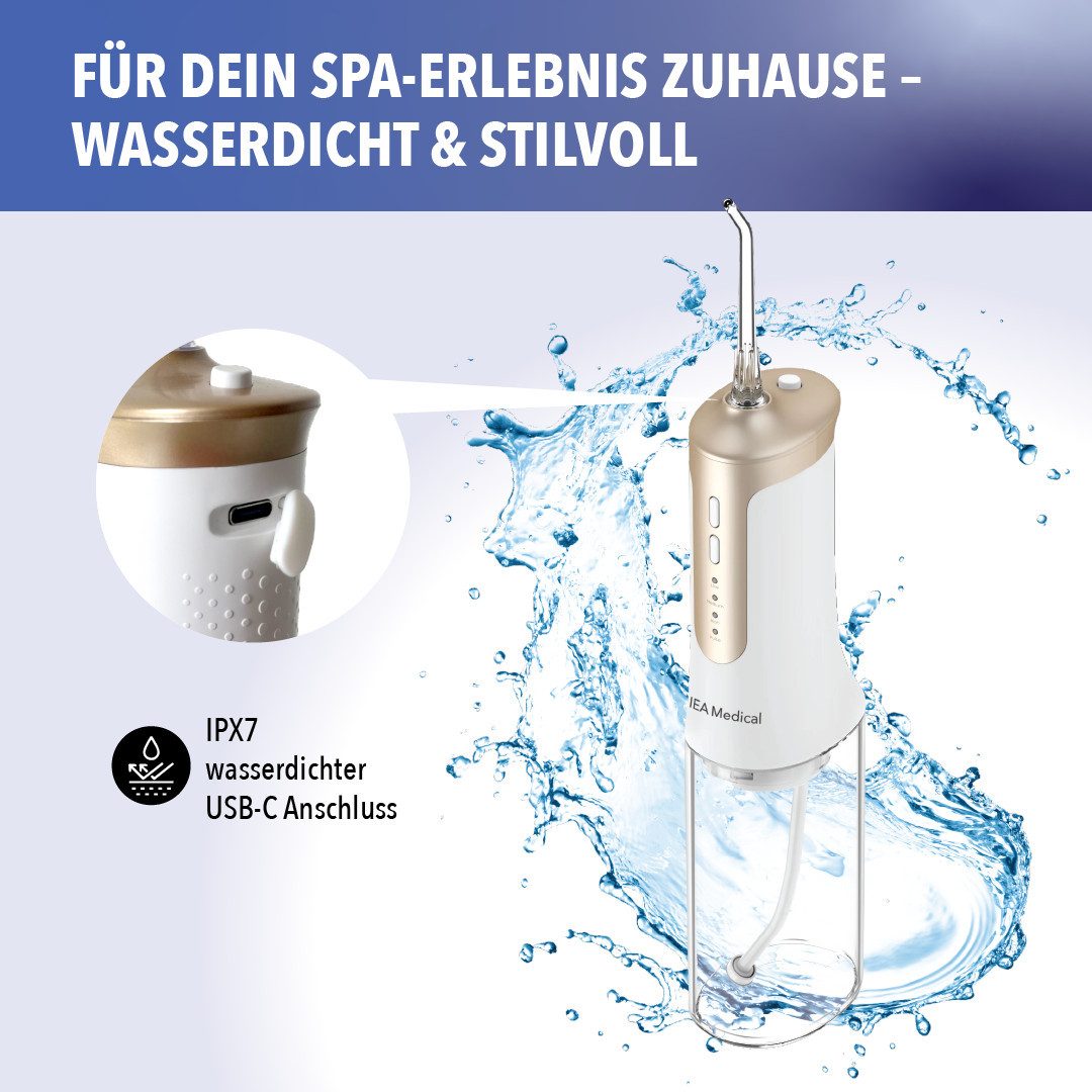 IEA Medical Munddusche Zahnzwischenraumreiniger, Aufsätze: 3 St., Kabellos, für unterwegs, 3 Modi, 240 ml Wassertank
