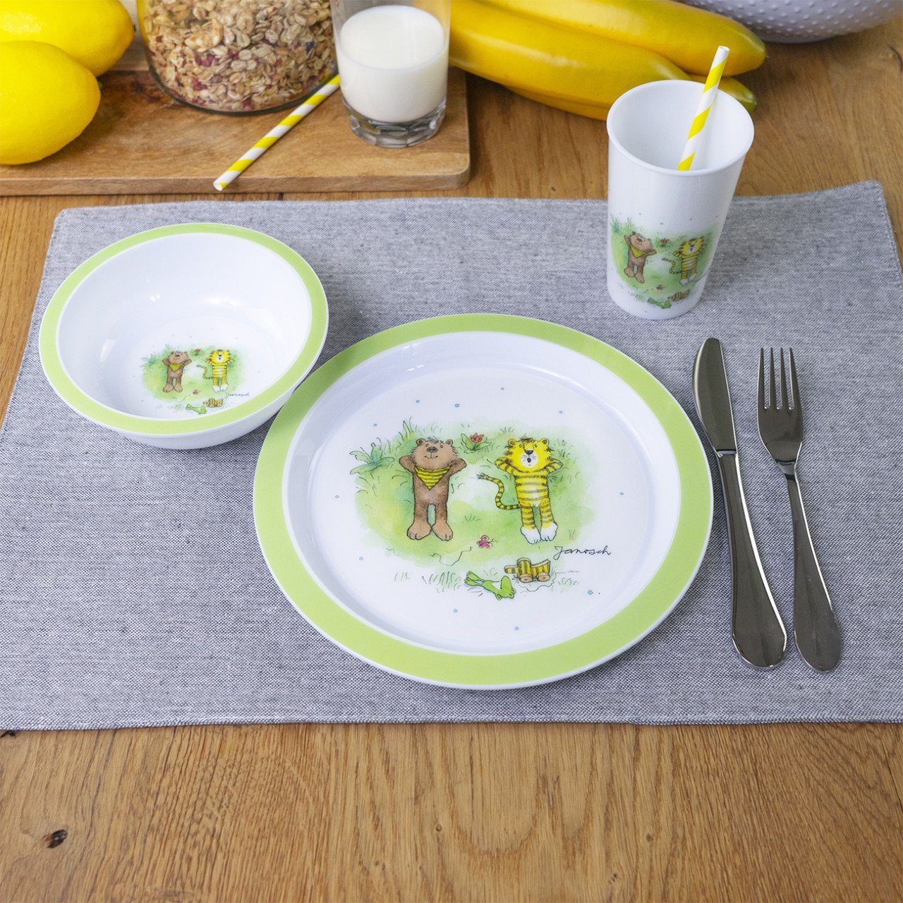 Geda Labels GmbH Kindergeschirr-Set Janosch Kids 3teilig (3-tlg), PP, Grün, 21,5x21,5x8,5, spülmaschinengeeignet