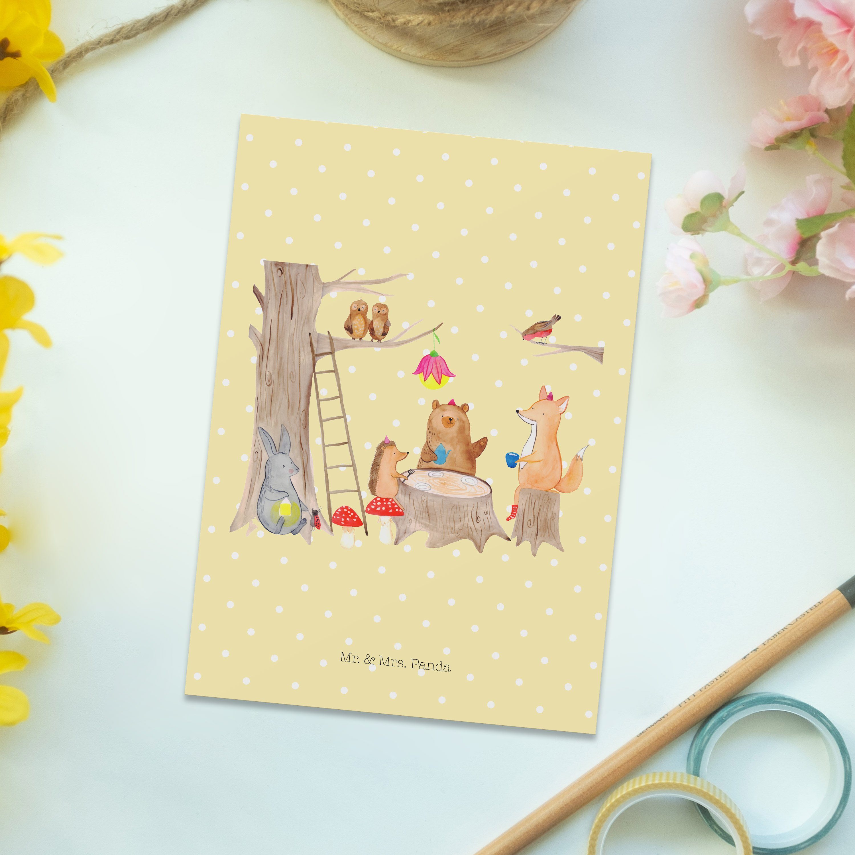 Mrs. Geschenk, Mr. Grußkarte Picknick Gute Panda - Pastell - Postkarte Waldtiere Laune, Gelb &
