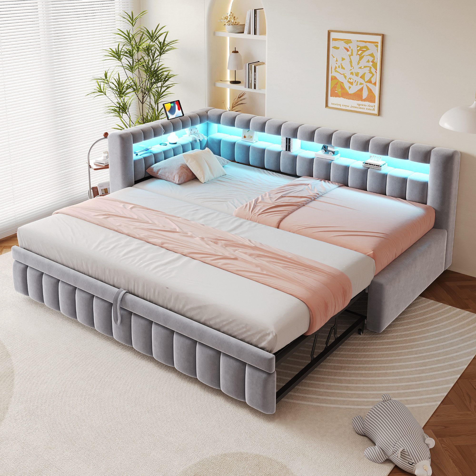 Flieks Daybett, Polsterbett Schlafsofa 90x200cm mit Ausziehbett 90x190cm, LED&Aufladen