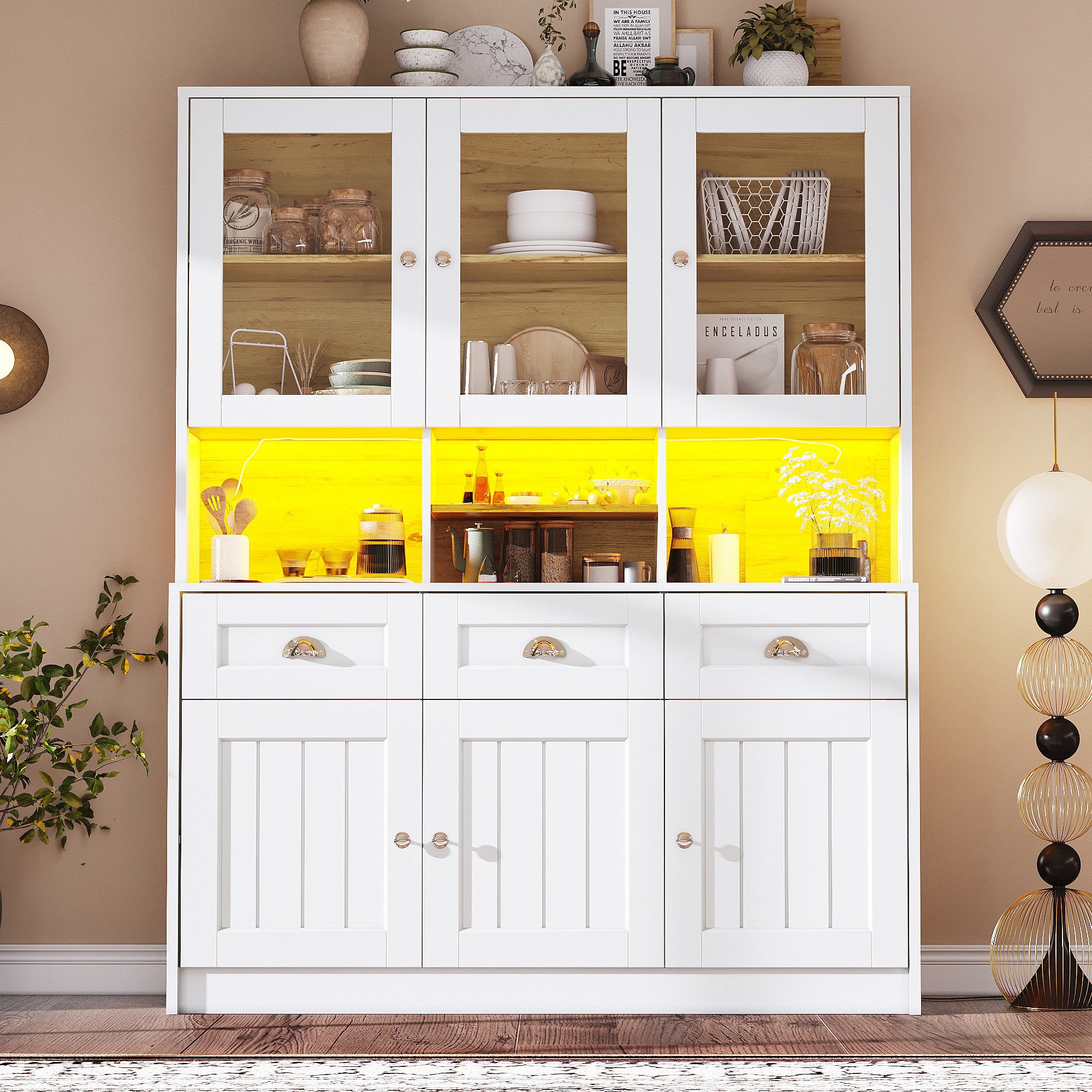i@home Küchenbuffet Vitrinenschrank mit LED-Beleuchtung 140×40×175cm Weiß/Schwarz LED-Beleuchtung mit Farbwechsel, Kippsicherung, moderne Vitrinenoptik