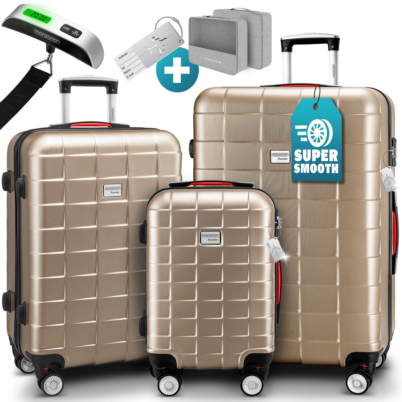 monzana Kofferset, Koffer Zwillingsrollen TSA Schloss Waage Gurt Reisekoffe günstig online kaufen