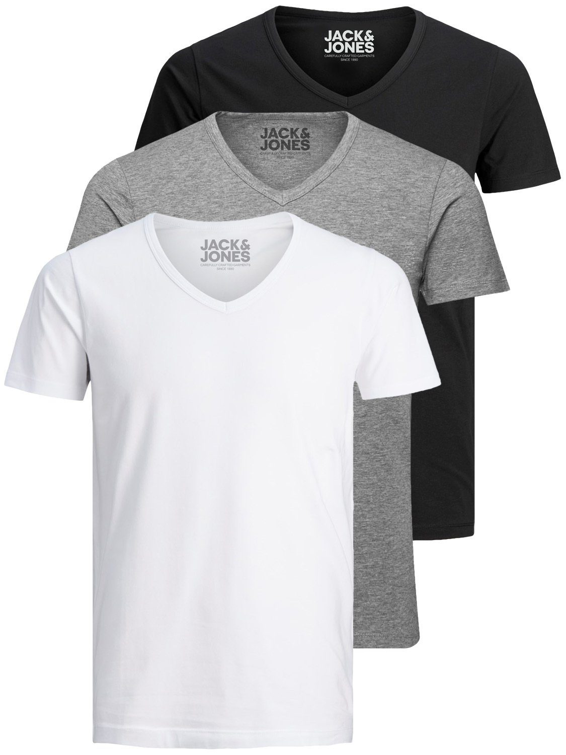 Mix zu kurz T-Shirt etwas (3-tlg., Jack länger Pack) 1 (BL/GR/WH) Basic & nicht Jones 3er V-Neck geschnitten,