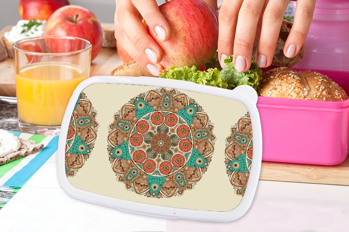 Lunchbox Erwachsene, Mandala für Mädchen, Kunststoff Pfau, MuchoWow (2-tlg), Kinder, Muster Kunststoff, - rosa Snackbox, Brotdose Brotbox -