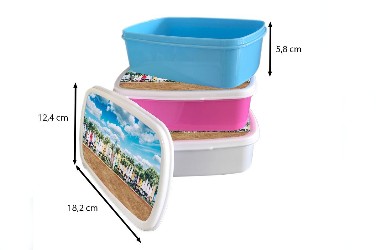 MuchoWow Lunchbox Surfbretter in einer Jungs für und Reihe, Mädchen Kinder für Kunststoff, Erwachsene, Brotdose, (2-tlg), und Brotbox weiß