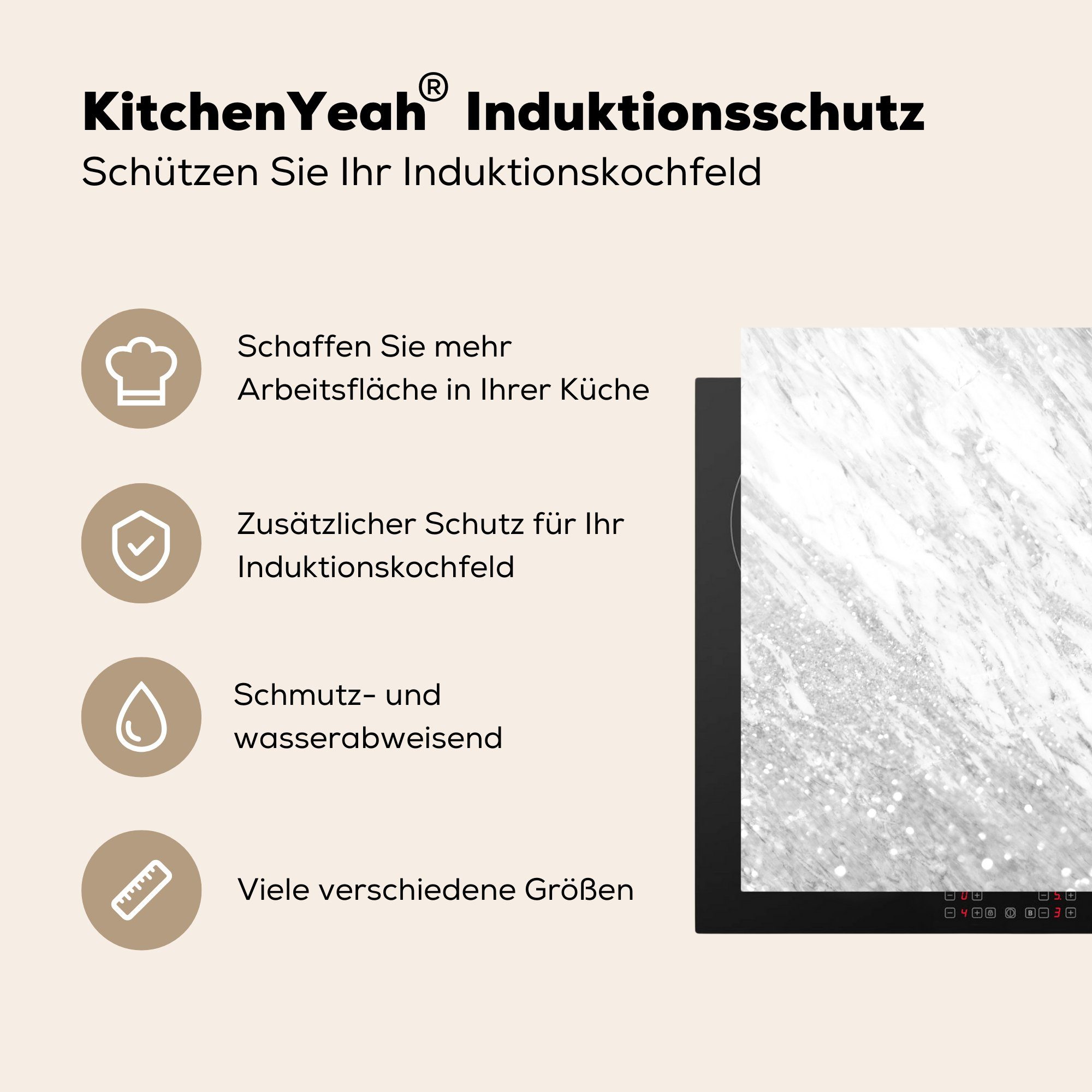 - (1 schimmernden cm, 78x78 tlg), Marmor MuchoWow und Arbeitsplatte Ceranfeldabdeckung, Herdblende-/Abdeckplatte Details Vinyl, mit schwarz Heller blau küche für weiß,