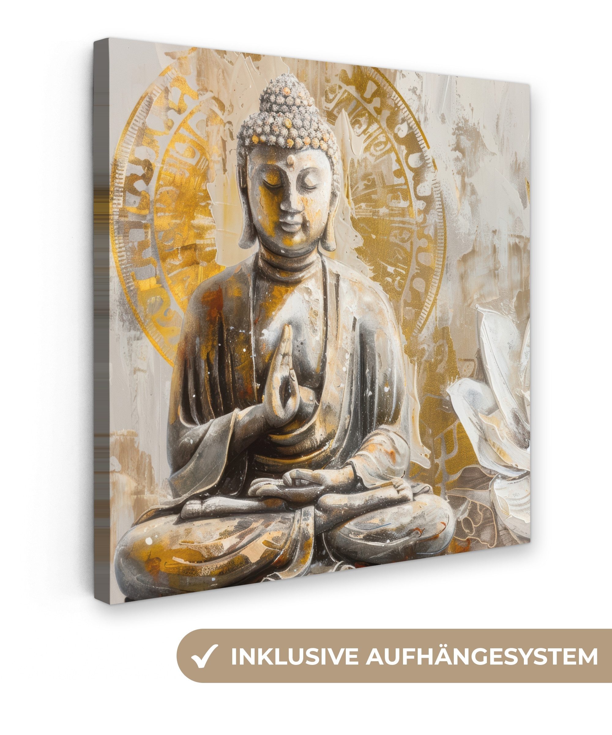 OneMillionCanvasses® Leinwandbild Buddha - Blume - Lotusblume - Weiß - Gold - Zen, Fotodruck (1 St), Wandbild, Deko Schlafzimmer Wohnzimmer Flur 20x20 cm