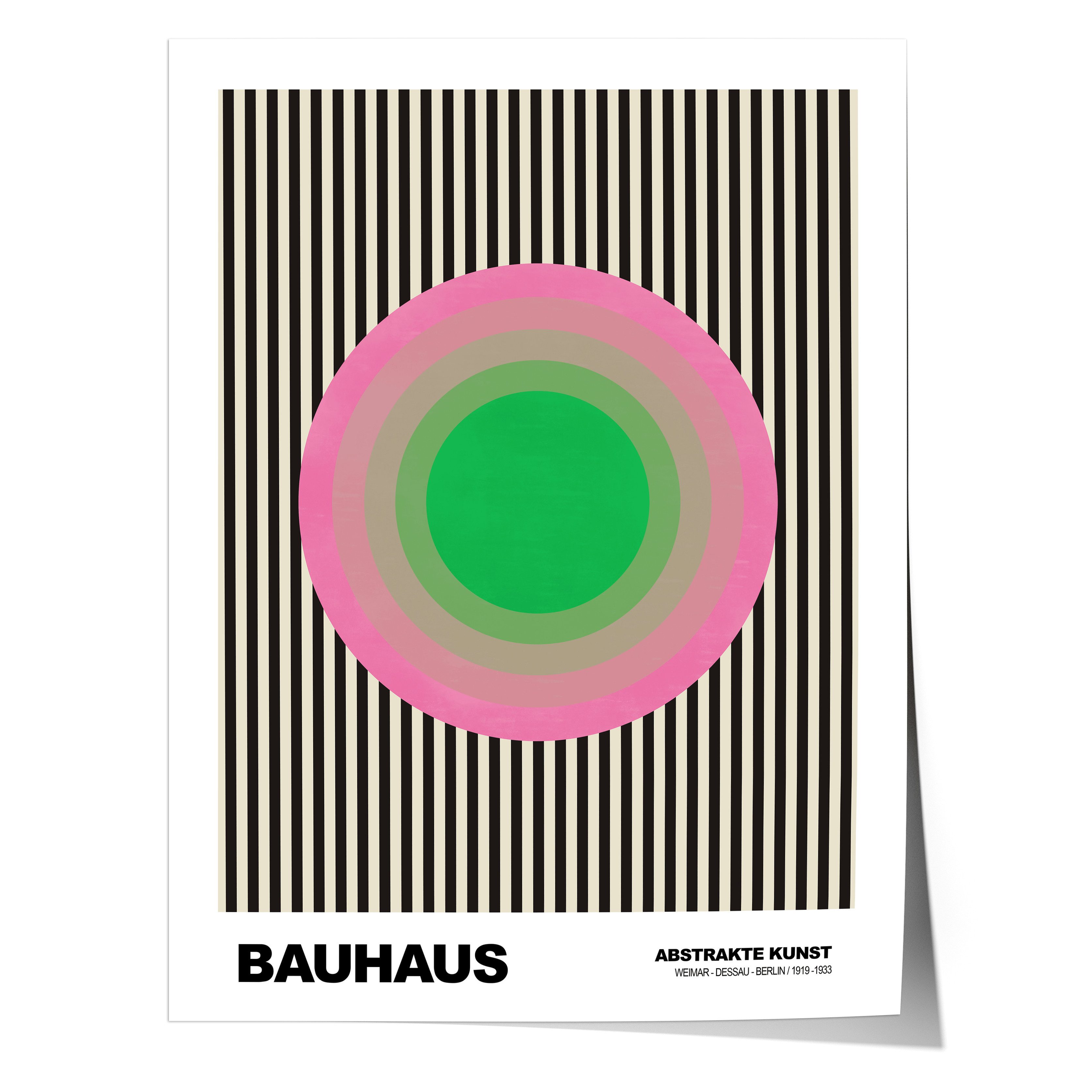 JUSTGOODMOOD Poster Bauhaus Abstrakte Kunst Grüner Kreis mit rosa Ringen auf schwarzen Str, (1 St)