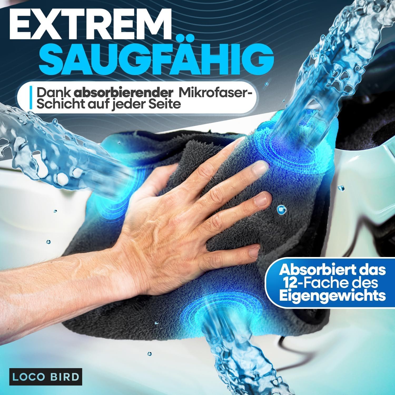 Loco Bird Mikrofasertücher Auto 1100 GSM, extrem saugstarke Trockentuch Mikrofasertuch (40x40 cm, 3-tlg., flauschig weiches Trockentuch Auto - Microfasertuch fü – Bild 5 von 5