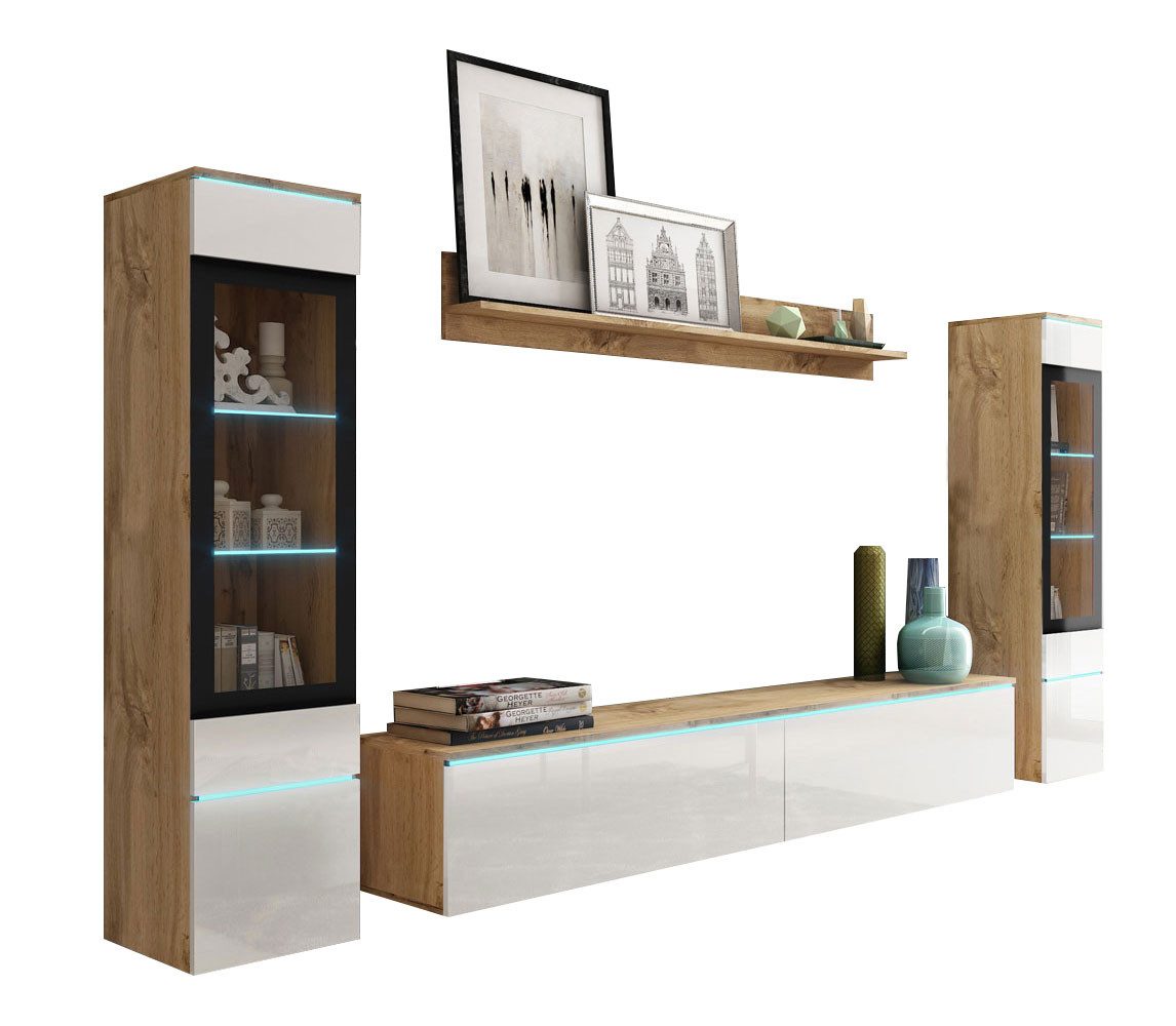 Feldmann-Wohnen Wohnwand Vera, (Vera, 4-St., 2 Hängevitrinen, 1 Lowboard, 1 Wandregal), 240cm Eiche Wotan / weiß Hochglanz 4-teilig