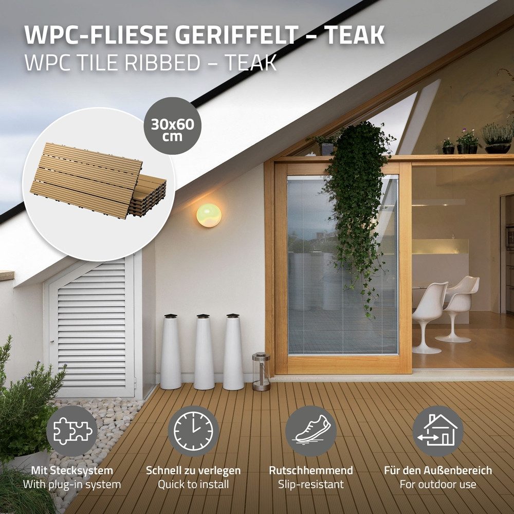 ECD Germany Terrassendielen WPC Bodenplatte Terrassenfliesen Fliesen mit Drainage und Klicksystem, BxL: je 30x60 cm, 22 mm Stärke, Bodenbelag 1m²/6 Stück Teak rutschfest Balkonfliesen
