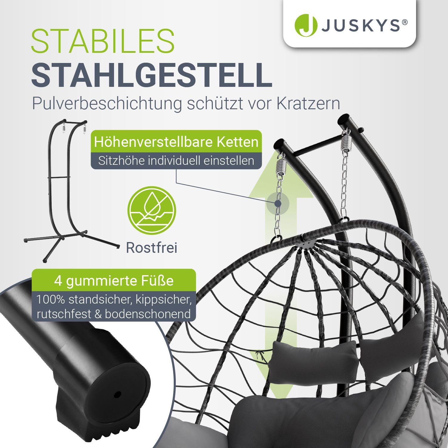 Juskys Hängesessel Aria, Polyrattan Doppelhängesessel, Schaukel mit Gestell & Kissen