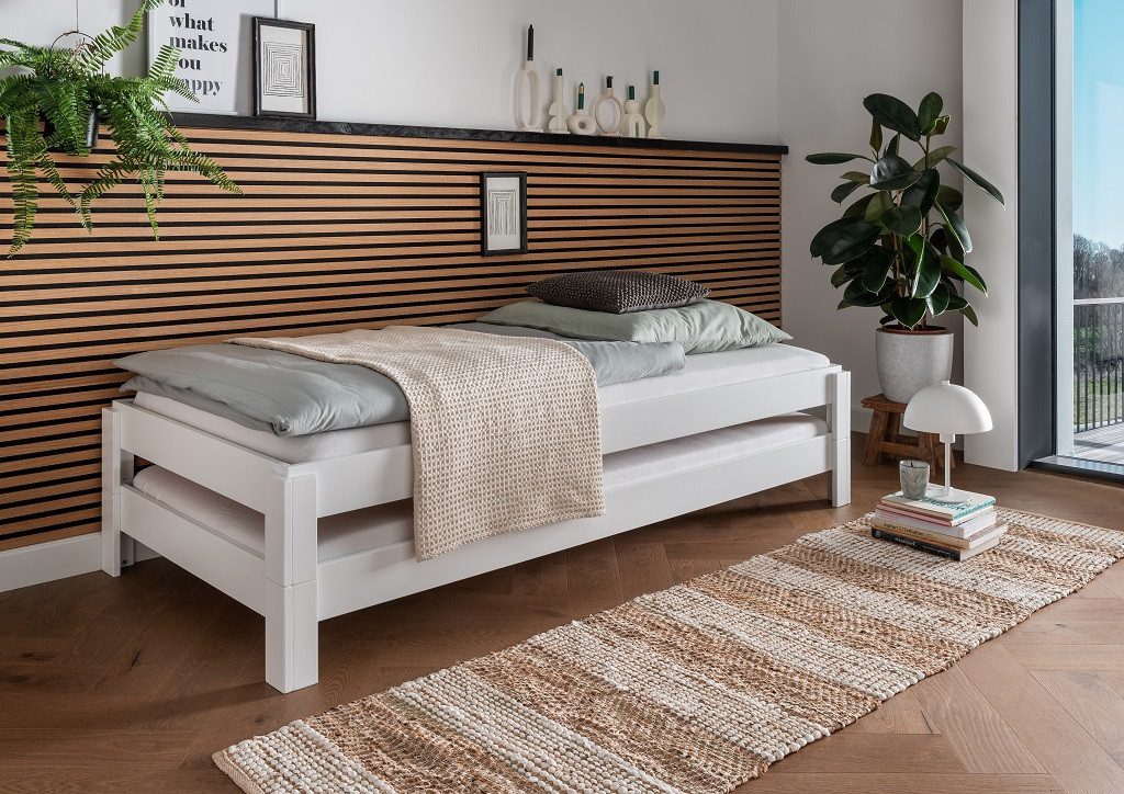 Main Möbel Stapelbett 2er-Set Stapelbett 90x200cm 'Dubi' Buche massiv weiß lackiert