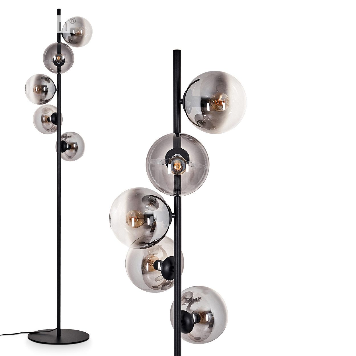 Stehlampe Stehlampe aus Metall/Glas in Schwarz/Rauchfarben/Klar