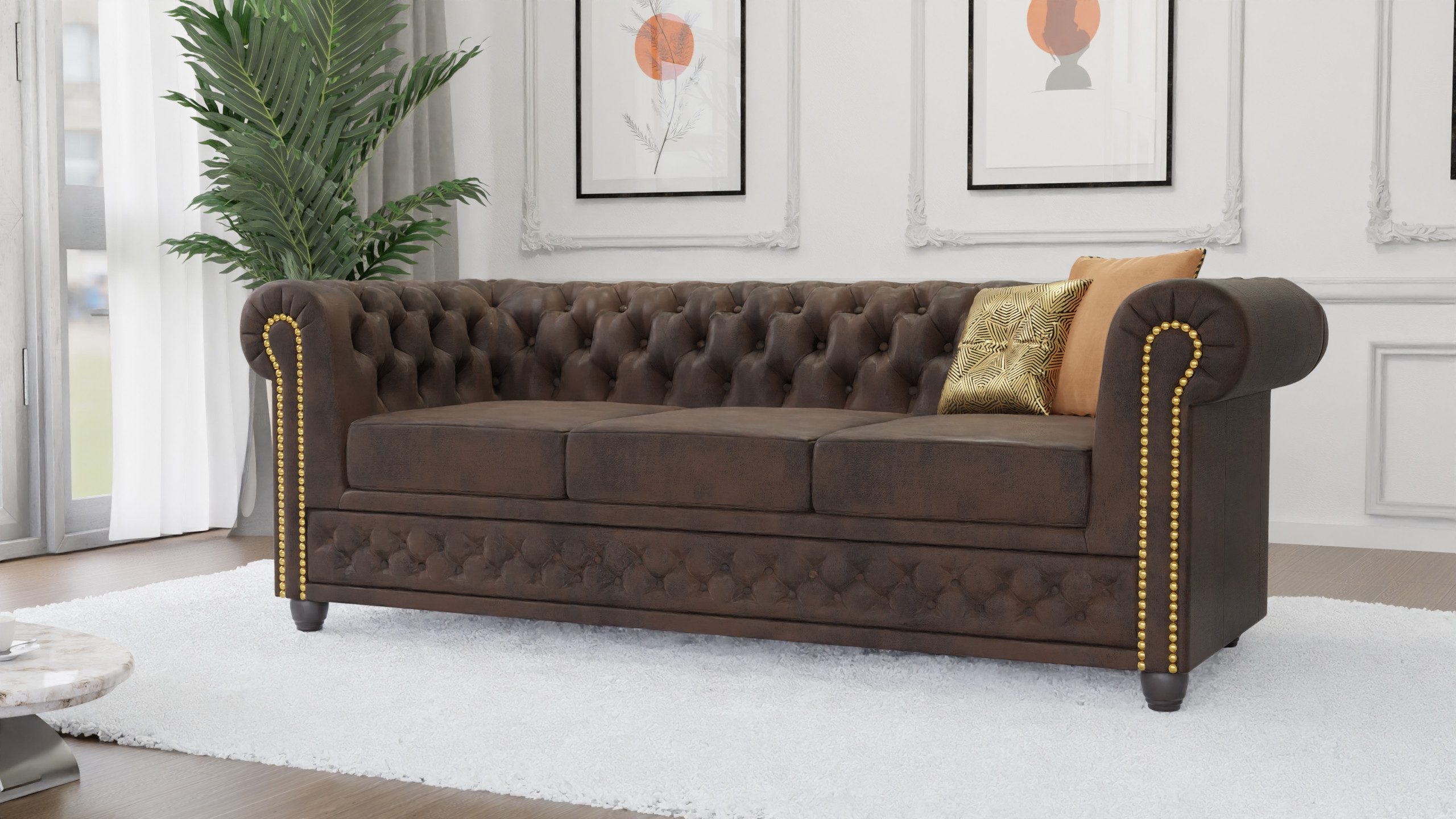 S-Style Möbel Chesterfield-Sofa Anton 3-Sitzer Sofa aus Vintage Optik Microfaser mit Holzfüßen, 1x 3-Sitzer-Sofa, mit Wellenfederung