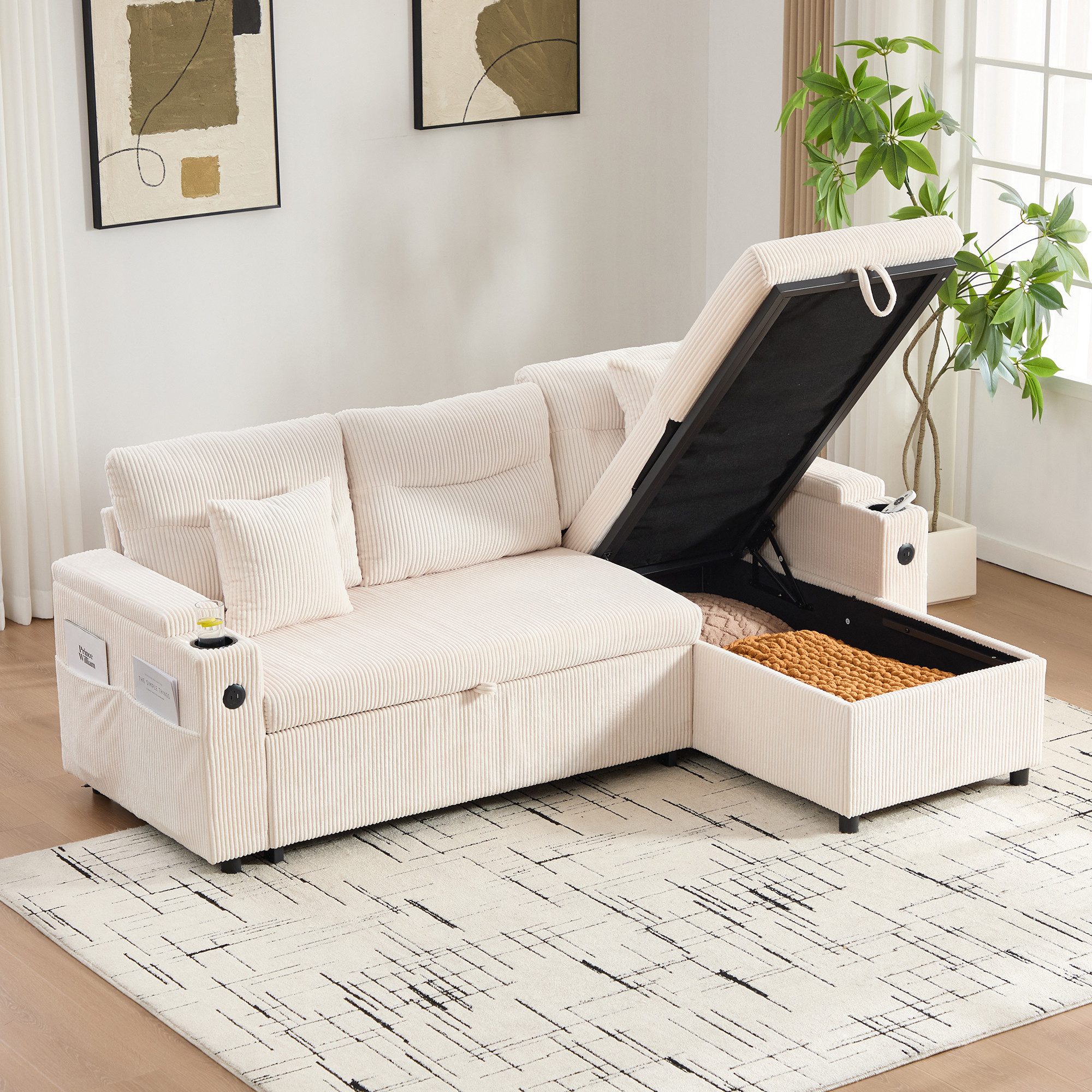 HAUSS SPOLE Sofa mit Stauraum,Relaxsofa Polstersessel mit Getränkehaltern,ausziehbar, Cordsofa mit Stauraum, Getränkehaltern und USB-C, hydraulische Chaiselongue und Schubladenbett