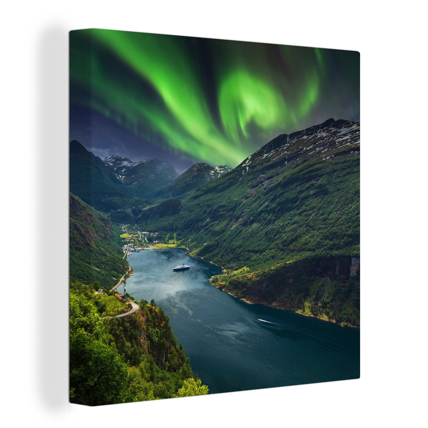 OneMillionCanvasses® Leinwandbild Nordlichter - Berg - Boot - Norwegen, (1 St), Leinwand Bilder für Wohnzimmer Schlafzimmer