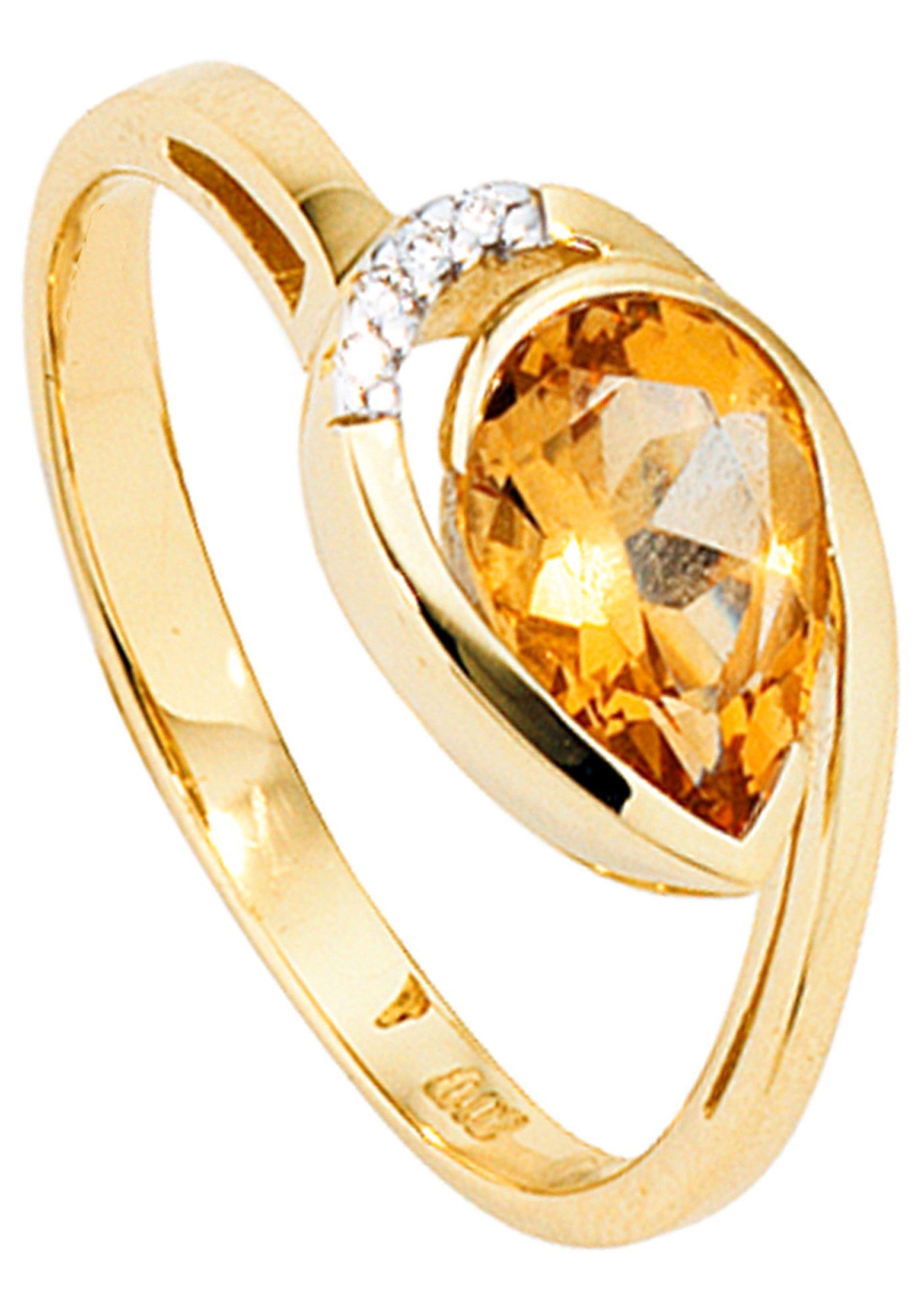 JOBO Diamantring, 585 Gold mit Citrin und 4 Diamanten