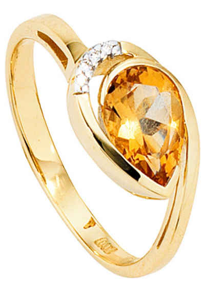 JOBO Diamantring, 585 Gold mit Citrin und 4 Diamanten