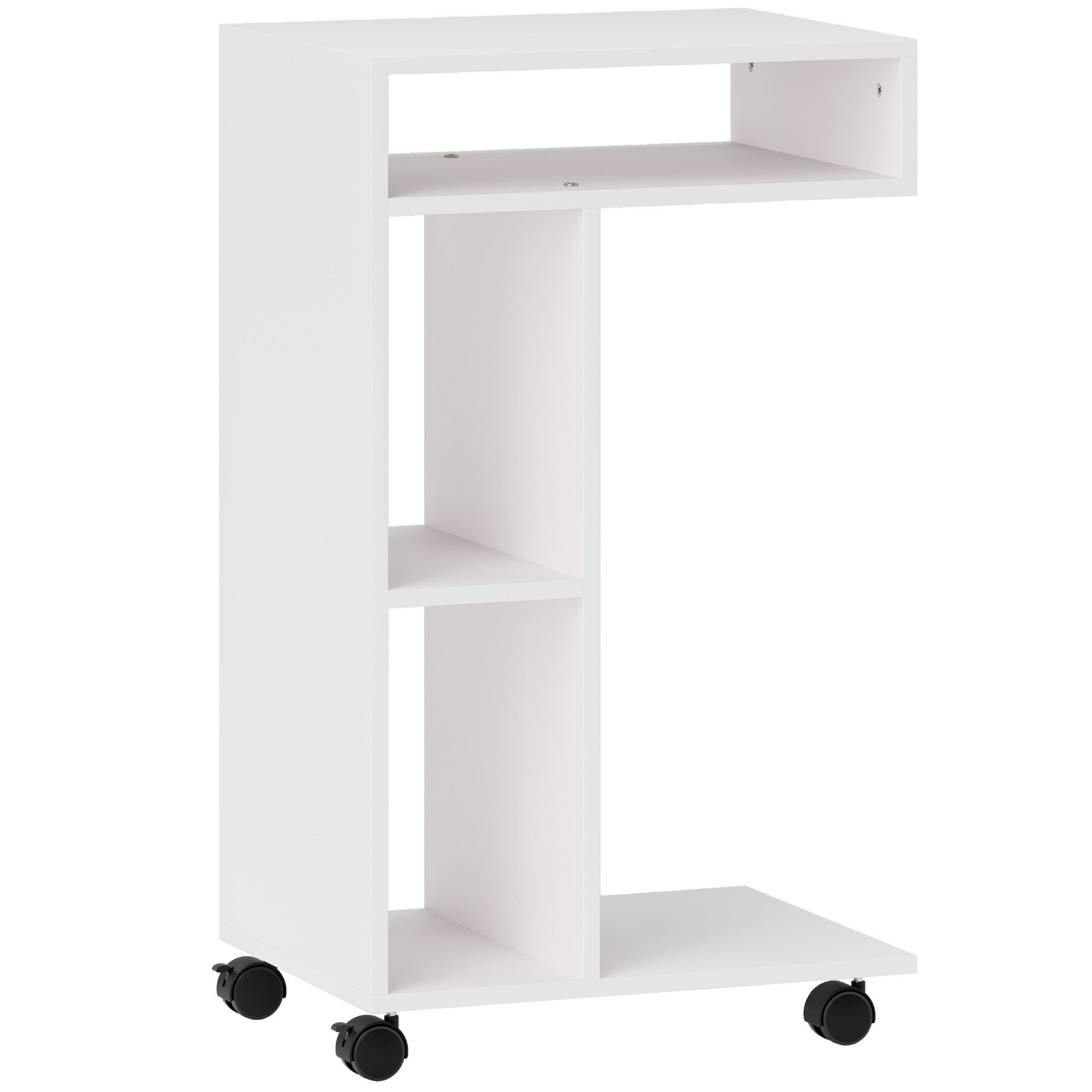 MC Star Beistelltisch Couchtisch mit Rollen, Schreibtisch mit 4 Regalen, Sofatisch (Laptoptisch, Betttisch, für Esszimmer Wohnzimmer, Weiß)