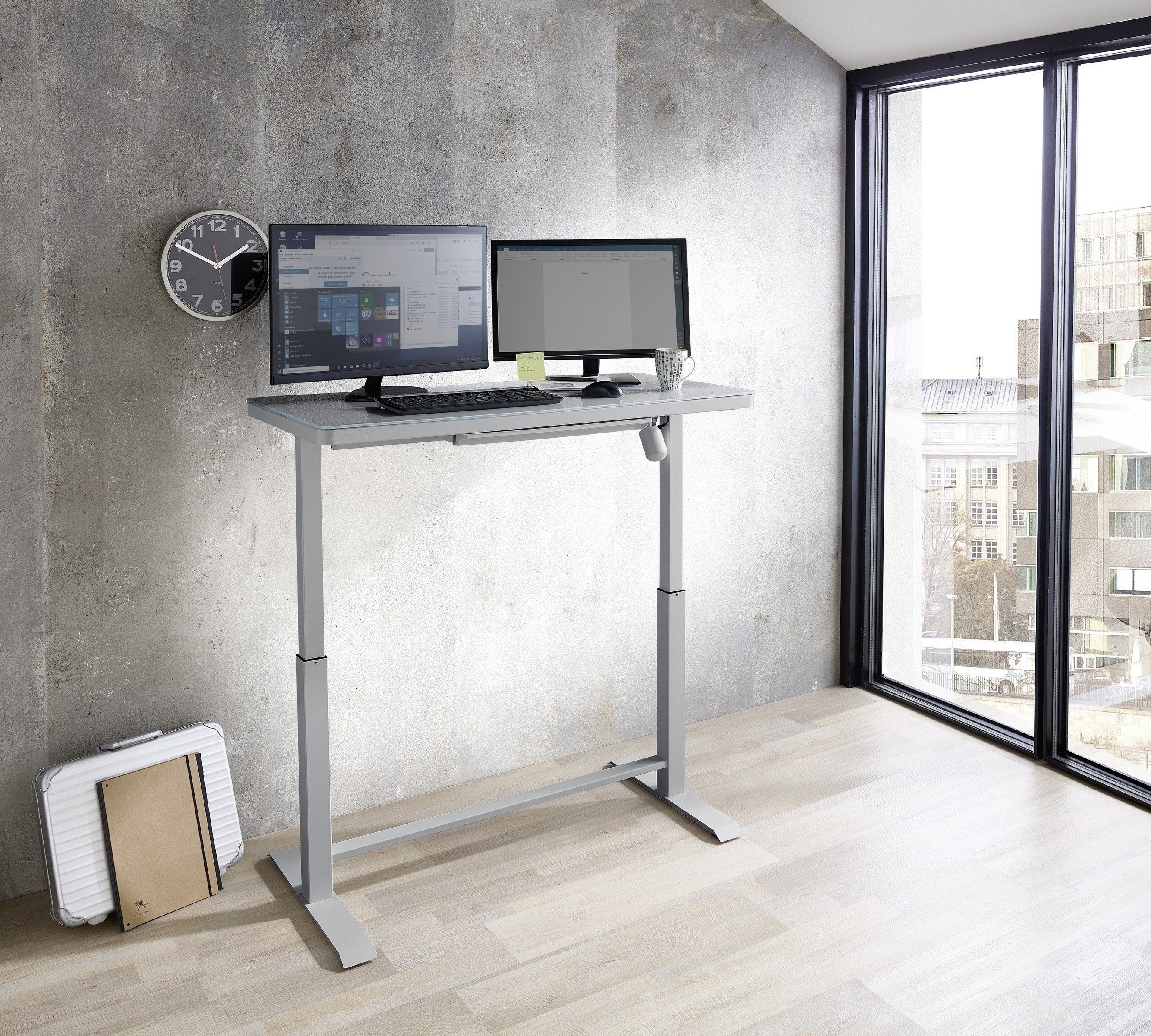 möbelando Schreibtisch LIFT (mit 2 USB-Ports), mit 2 USB-Ports  höhenverstellbar aus Glas in grau mit einer Schublade. Abmessungen (BxHxT)  120x72x60 cm