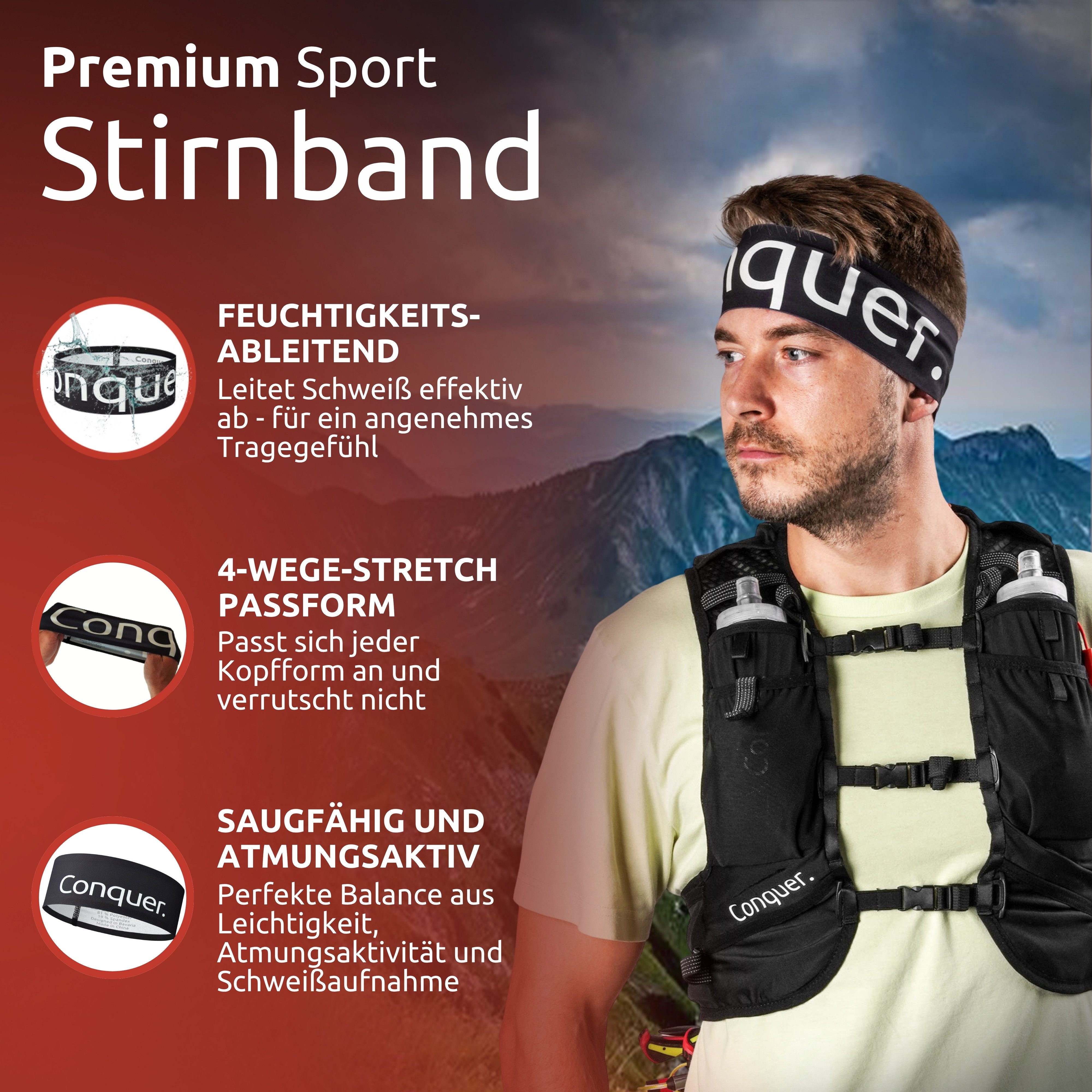 Conquer. Schweißband Sportstirnband für Damen & Herren, Dünnes Laufstirnband & Schweißband, Eng anliegend
