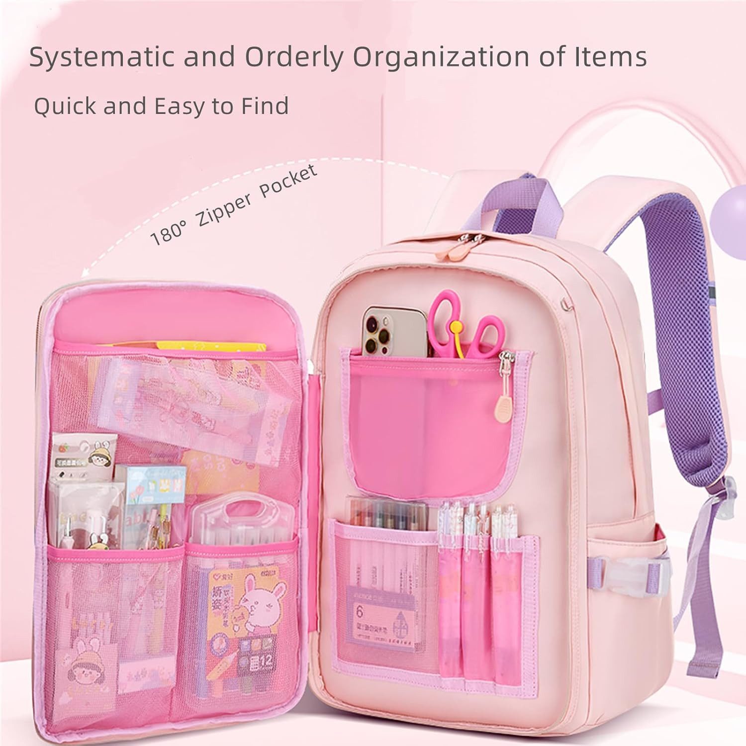 Toomoke Schulrucksack Mädchen Kinderrucksack mit 180° Frontöffnung (180° Frontöffnung, wasserabweisend, reflektierende Details, Brustgurt), 32 × 17 × 45 cm, für – Bild 5 von 5