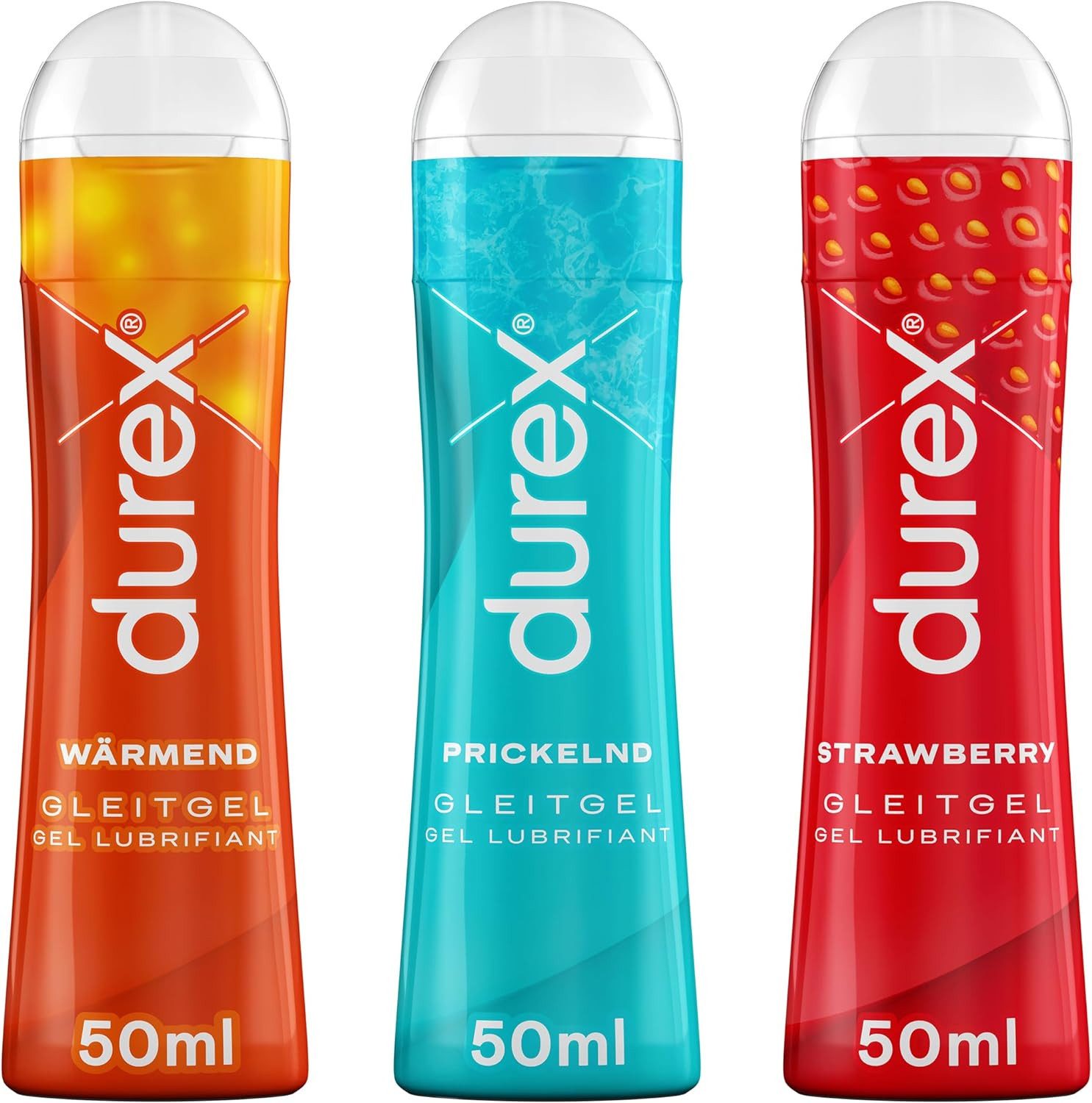 durex Gleitgel Play Fun Mix Wärmend + Prickelnd + Strawberry (3 x 50ml), Ausprobier-Set, 3-tlg., kondomgeeignet
