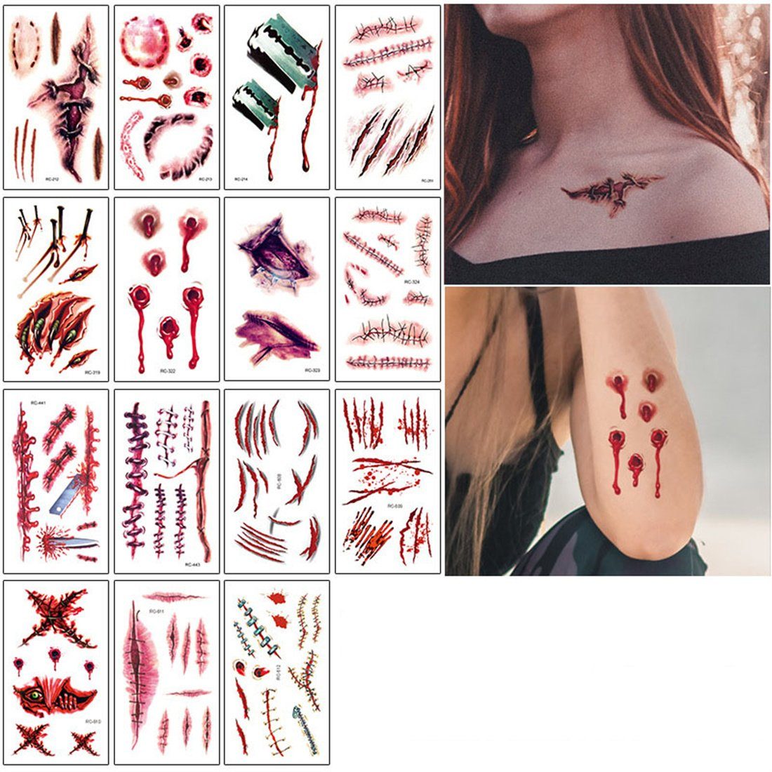 DÖRÖY Schmuck-Tattoo Halloween Narben Tattoo Aufkleber 15 Stück, Horror Tattoo Aufkleber. A( 15 Stück)