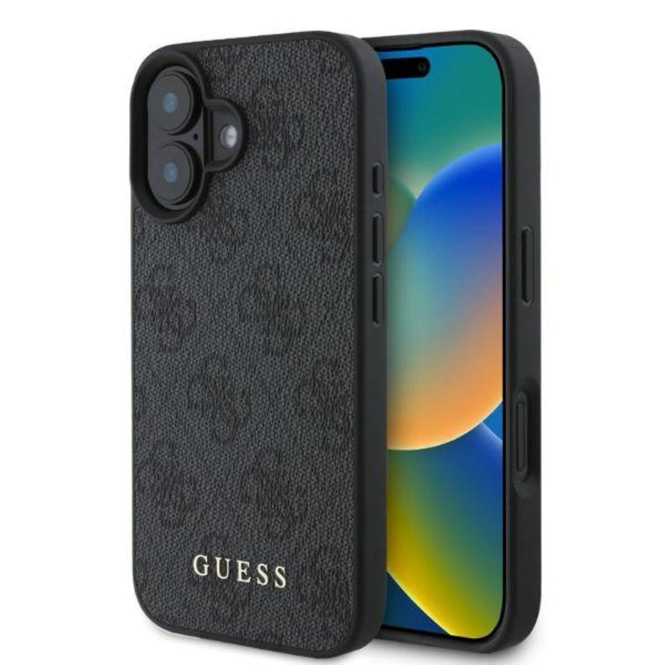 Guess Handyhülle iPhone 16 Kunstleder grau Muster Logo goldfarbig 6,1 Zoll, Kantenschutz