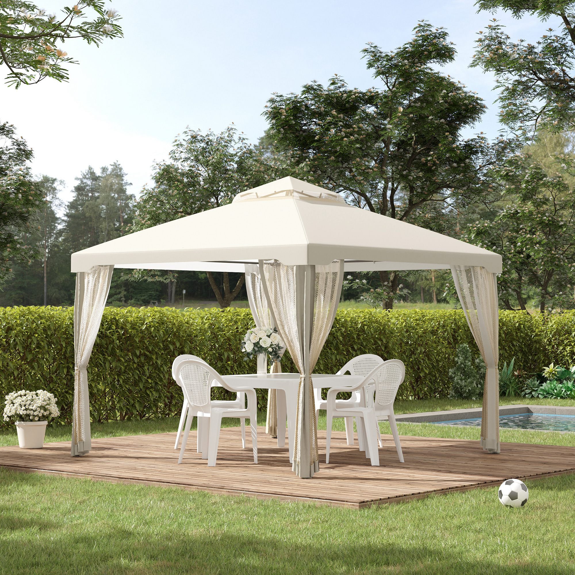 Outsunny Pavillon Gartenpavillon Wasserdicht Stabil, Garten-Pavillon Metall Cremeweiß, mit 4 Seitenteilen, (Gartenzelt, Gartenpavillon), für Garten, Balkon, Cremeweiß