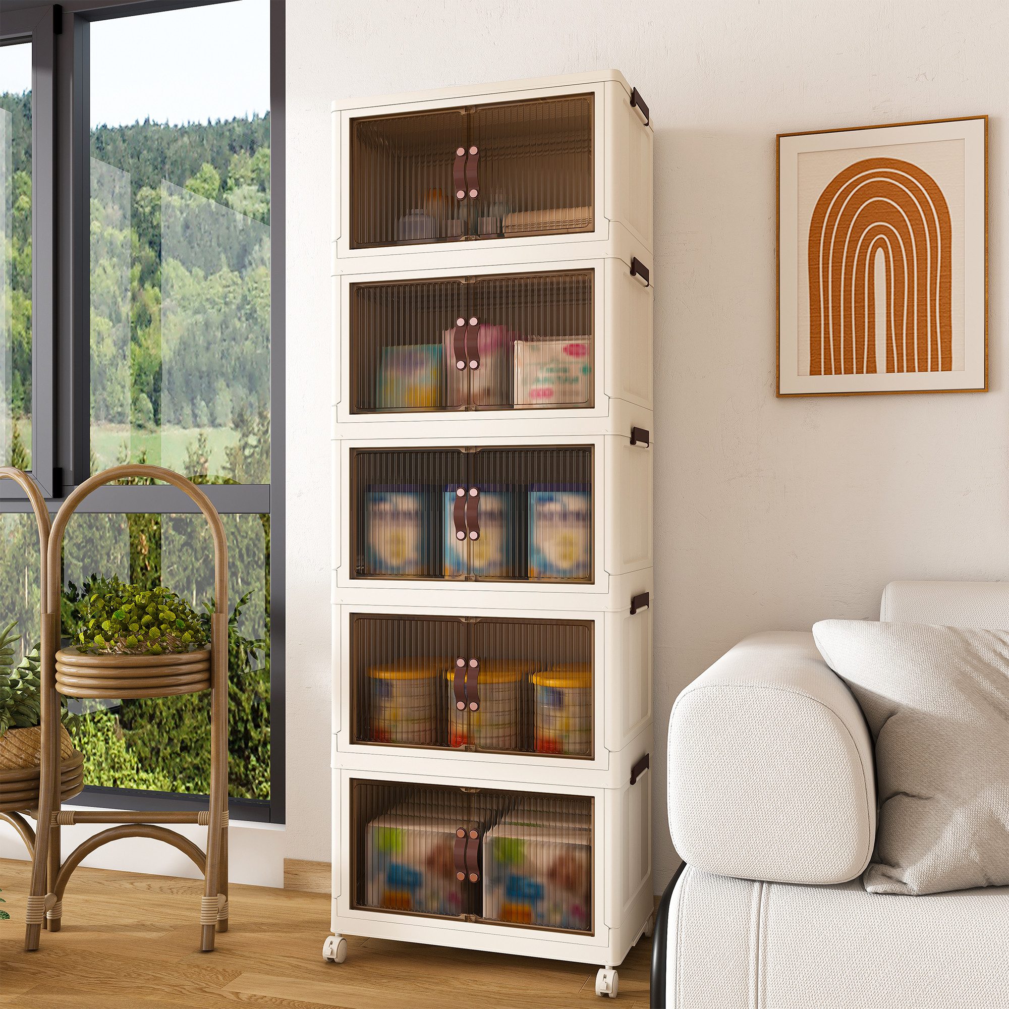 BlingBin Aufbewahrungsbox Faltbare Aufbewahrungsboxen 5er Set mit Deckeln, Türen und Rollen (5er Set, 5 St., 53 × 30 × 156 cm), platzsparender Organizer für Wohnzimmer, Küche und Schlafzimmer