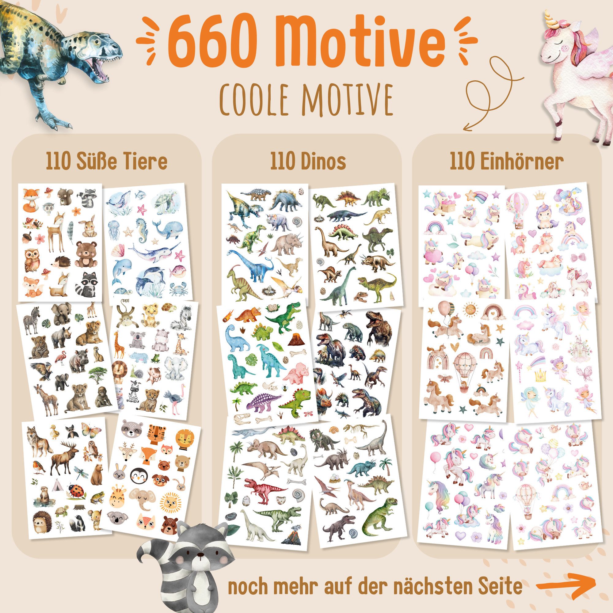MeinBaby123® Kindertattoo 660 hautfreundliche Hauttattoos für Kinder, Geschenk für Mädchen, Mitgebsel Kindergeburtstag,  Bagger, Dino, Tiere, Einhörner