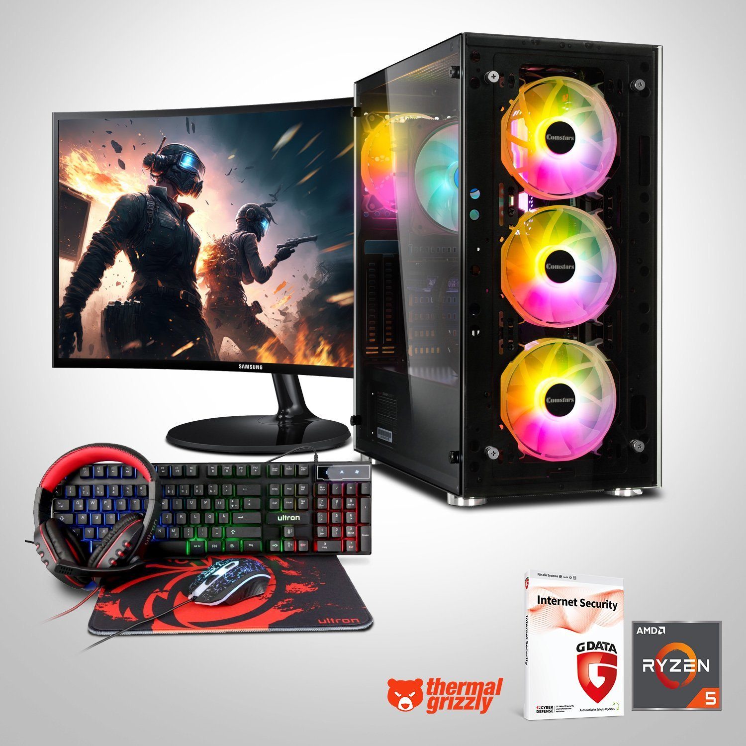 Memory PC Gaming-PC-Komplettsystem (24,00", AMD Ryzen 3 3200G, 16 GB RAM, 1000 GB SSD, Windows 11 Pro, 24' Monitor Samsung C24F390FHR, Gaming Set)
