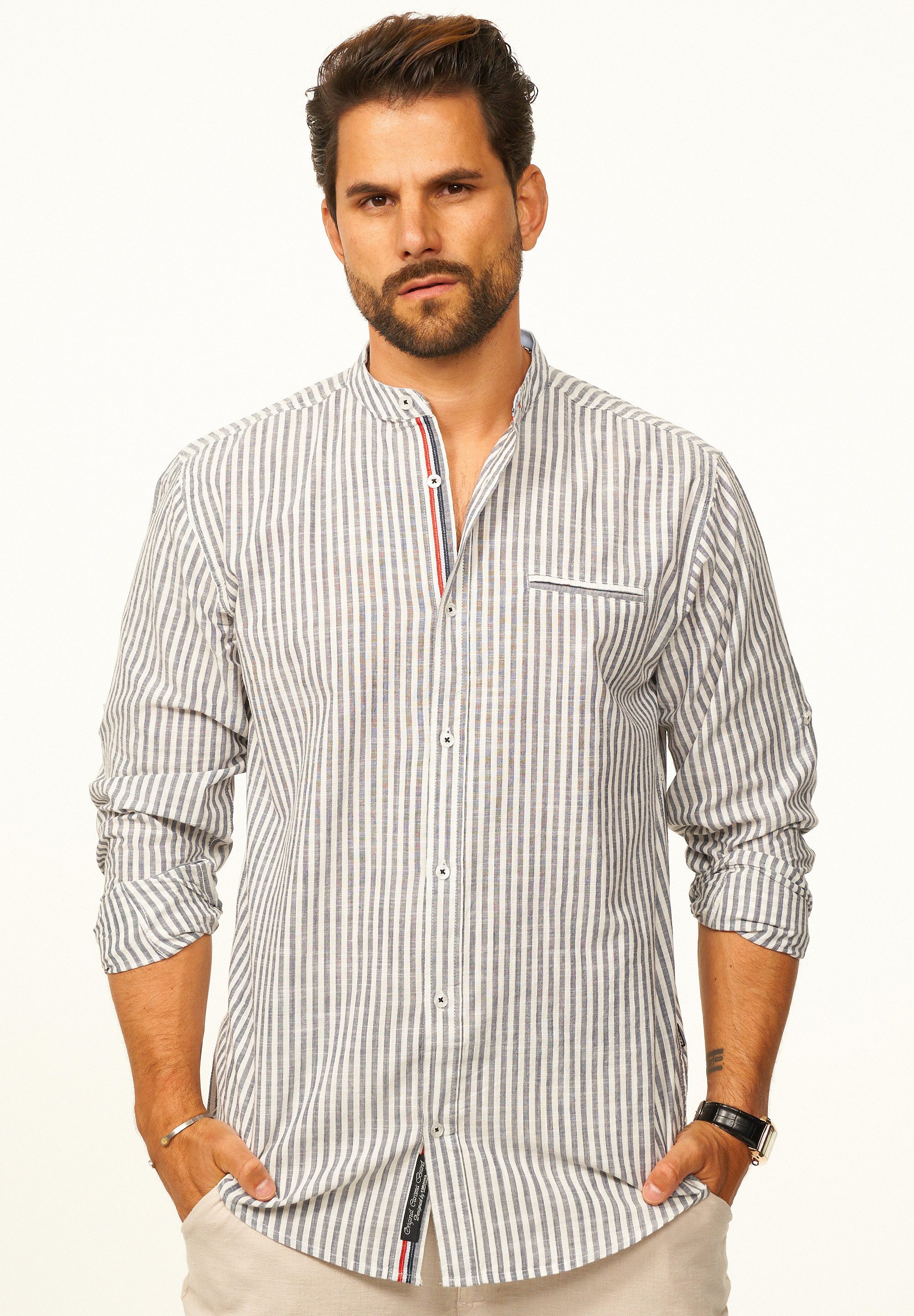 behype Langarmhemd Gestreift im Regular-Fit mit Stehkragen Herren Sommerhem günstig online kaufen