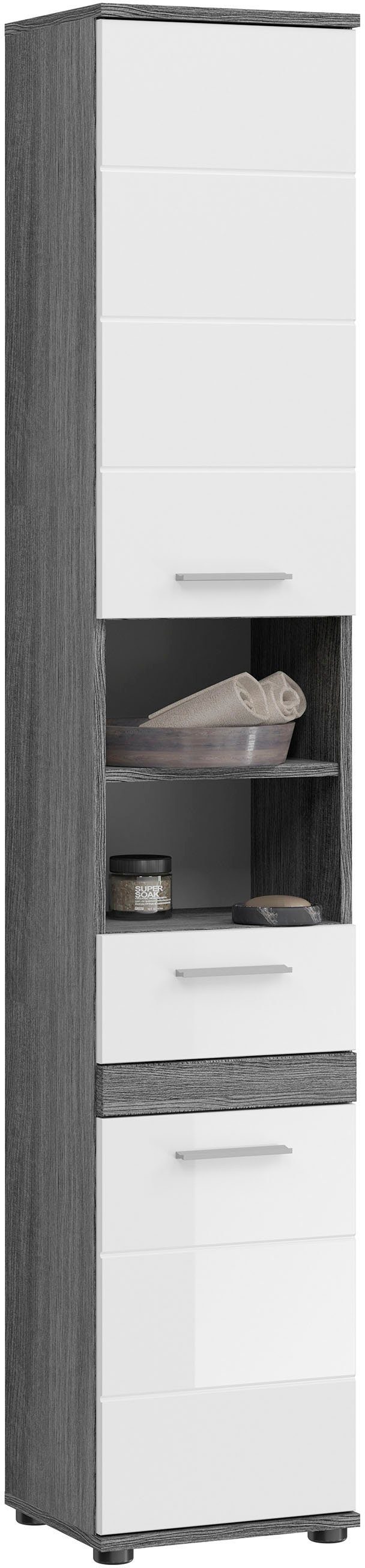 welltime Hochschrank LUCCA, TOPSELLER!, Breite 35cm, 2 Türen, 1 Schubkasten, 2 Fächer MDF-Front, Türanschlag wechselbar, Badmöbel, Badschrank, Badezimmer