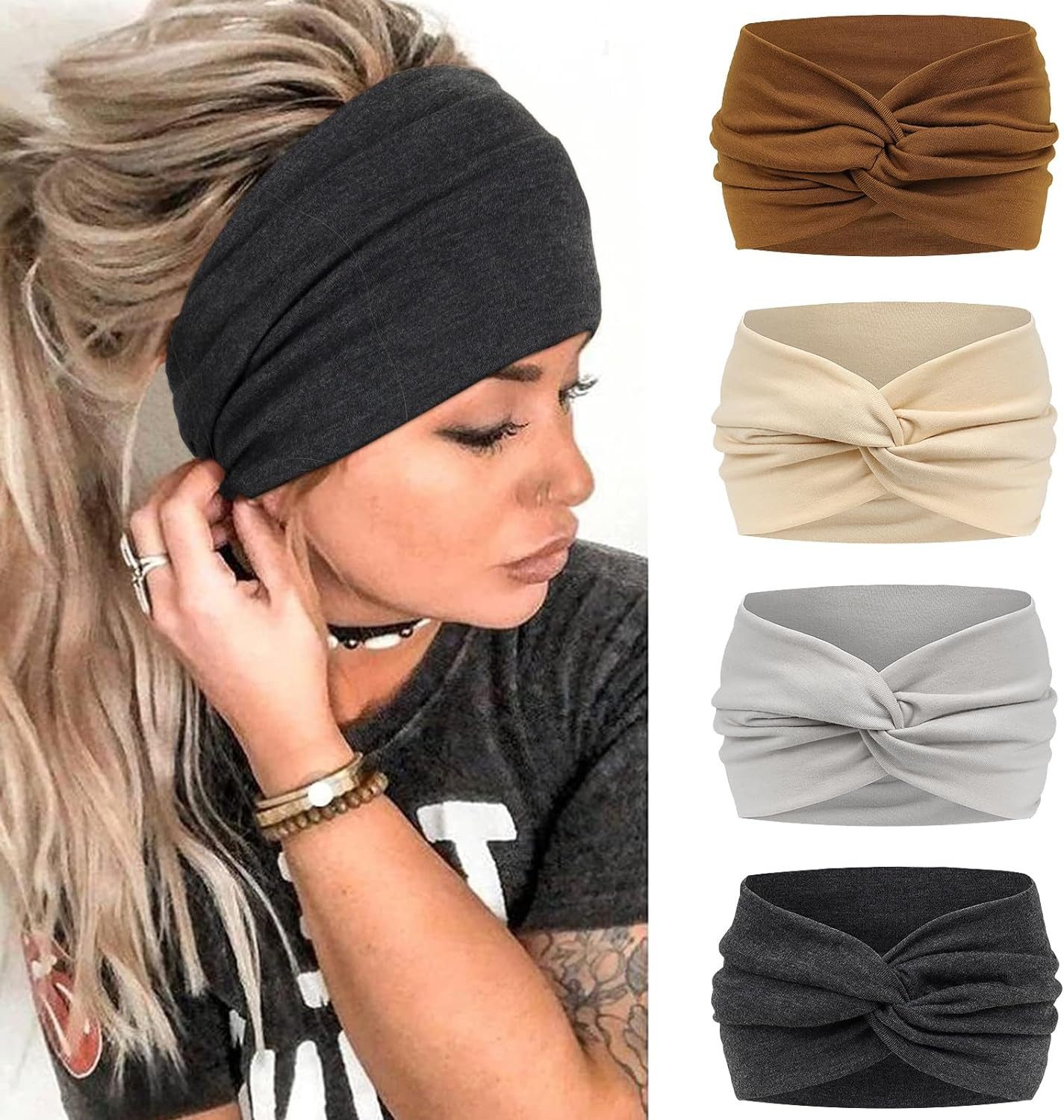 Haargummi 4 Stück Stirnbänder Damen Boho Breite Haarband Weiche Yoga Stirnband