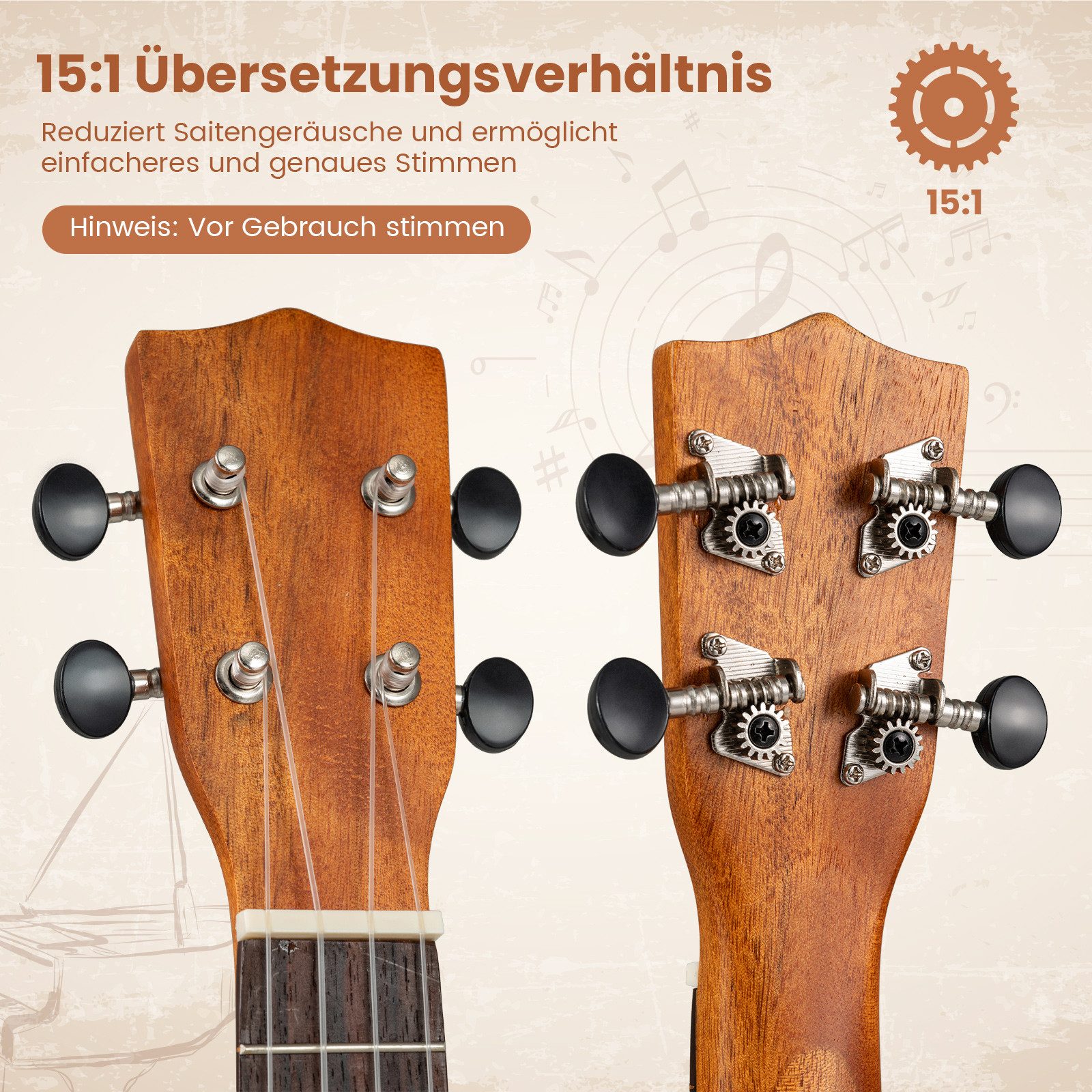 COSTWAY Ukulele, 21 Zoll Massivholz Ukulelen-Set mit Tragetasche, Plektrum