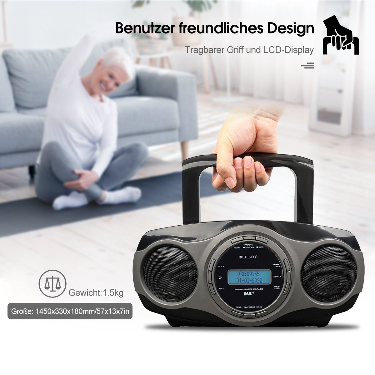 Radio Retekess CD-Radiorecorder FM-Stereo, DAB MP3 CD-Player Bluetooth, mit (DAB TR631 FM Player) Radio mit