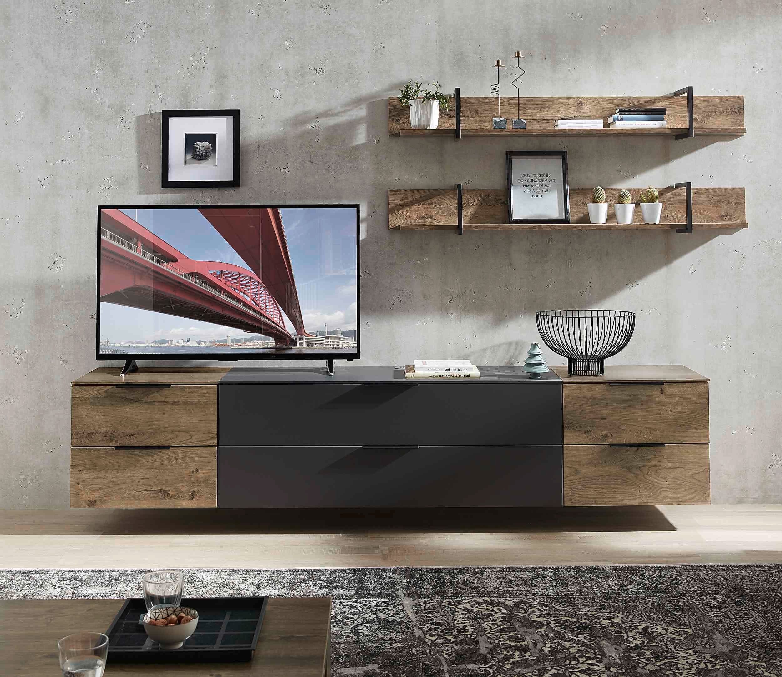 moebel-dich-auf Wohnwand MEDIANA 3, (Wohnzimmer-Set in graphit / Haveleiche Cognac Nb., 2x Wandboard + Lowboard), Metallgriffe, optional mit Couchtisch und Sideboard
