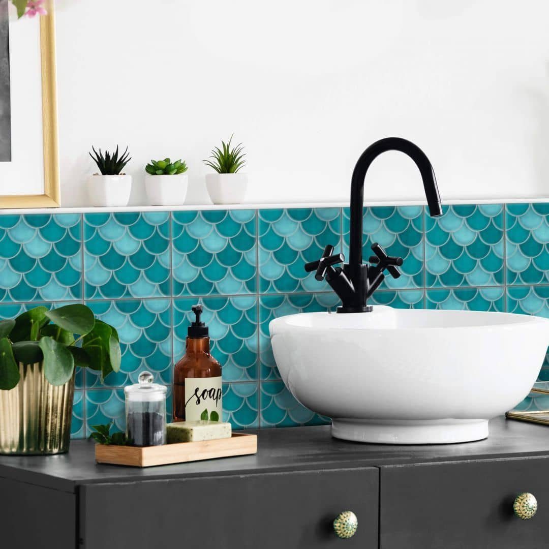 K&L Wall Art Fliesenaufkleber selbstklebend Klebefliese Sticker Fischschuppenmuster Türkis