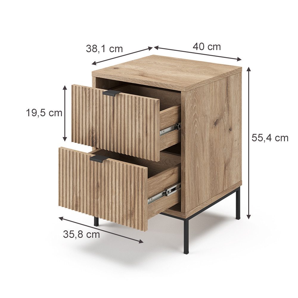 Vicco Nachtschrank Eliza, Viking Oak/Schwarz, 40 x 55.4 cm mit 2 Schubladen (1-St)