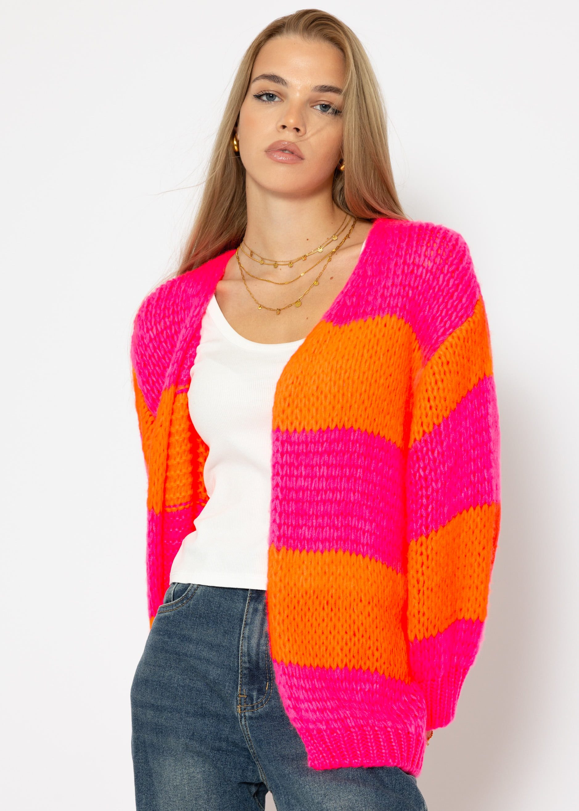 SASSYCLASSY Cardigan Oversize Strickjacke Damen Blockstreifen Elegant Offen fallender Cardigan gestreift aus Grobstrick Pink Schwarz Weiß